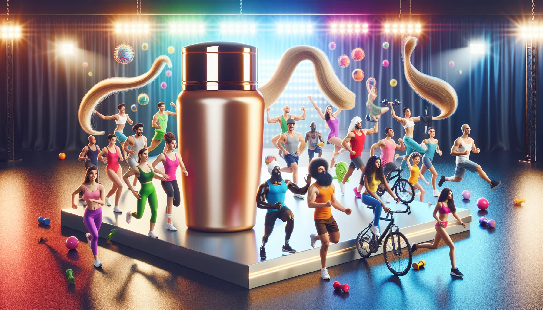 Generate a humorous and attention-grabbing image where fitness and beauty cross paths. The scene is set in a brightly lit gym, vibrant with lively colors. Several people of diverse descents such as Caucasian, Black, Hispanic, Middle-Eastern, South Asian, are engaging in various fun exercises such as cycling, lifting weights, doing yoga. Amid them, there is a focus on an artificial hair product on a pedestal with an illuminated spotlight. The product bottle is sleek, shiny and has the words 'For Hair Care' written on it. The imagery blends elements of physical fitness and hair care in a playful and enticing way.