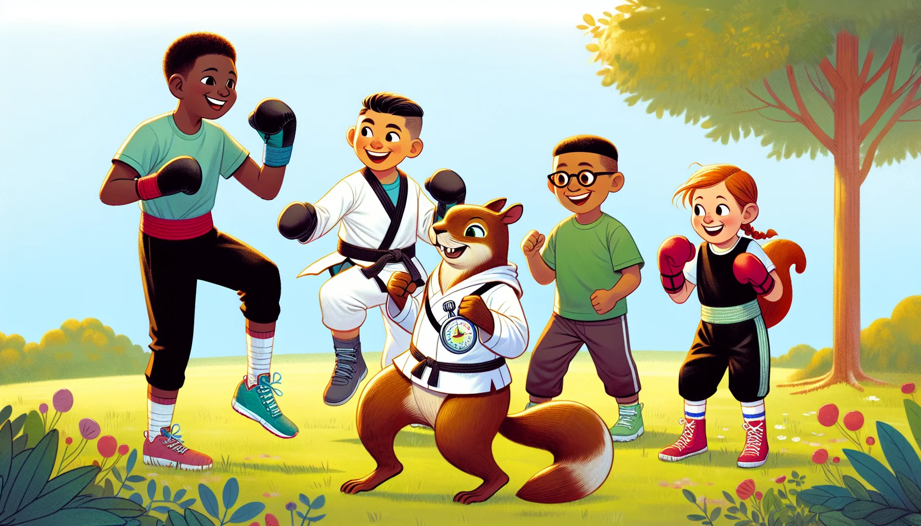 Illustrate a highly detailed and engaging scene showing a group of four kids of varying descents - a black girl, a Hispanic boy, a Caucasian girl, and a Middle-Eastern boy, all in kickboxing attire, having a blast doing kickboxing on a sunny day in a park. They're not just kickboxing, but also indulging in friendly and playful banter. An anthropomorphic squirrel in workout attire, acting as their cheerful coach, with a stopwatch in one paw, encouraging them to keep moving with a lively sense of humor. The image should be bright, entertaining, and inspire viewers to stay active and fit.