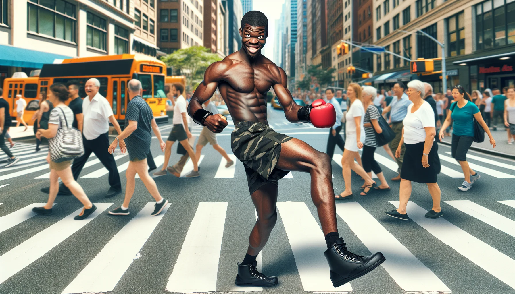 Showcase an amusing scene that encourages exercise. The main focus is on an athlete of Black descent, with a powerful physique, demonstrating a textbook-perfect kickboxing stance. The kickboxer has a spry grin on their face that adds humor to the situation. Perhaps they are on a busy pedestrian crosswalk, perfectly balanced amidst the bustling crowd who seem awestruck by the sudden exhibition of sportsmanship. Create a realistic backdrop with a vibrant palette to make the scene inviting and motivate people to jumpstart their personal fitness journeys.