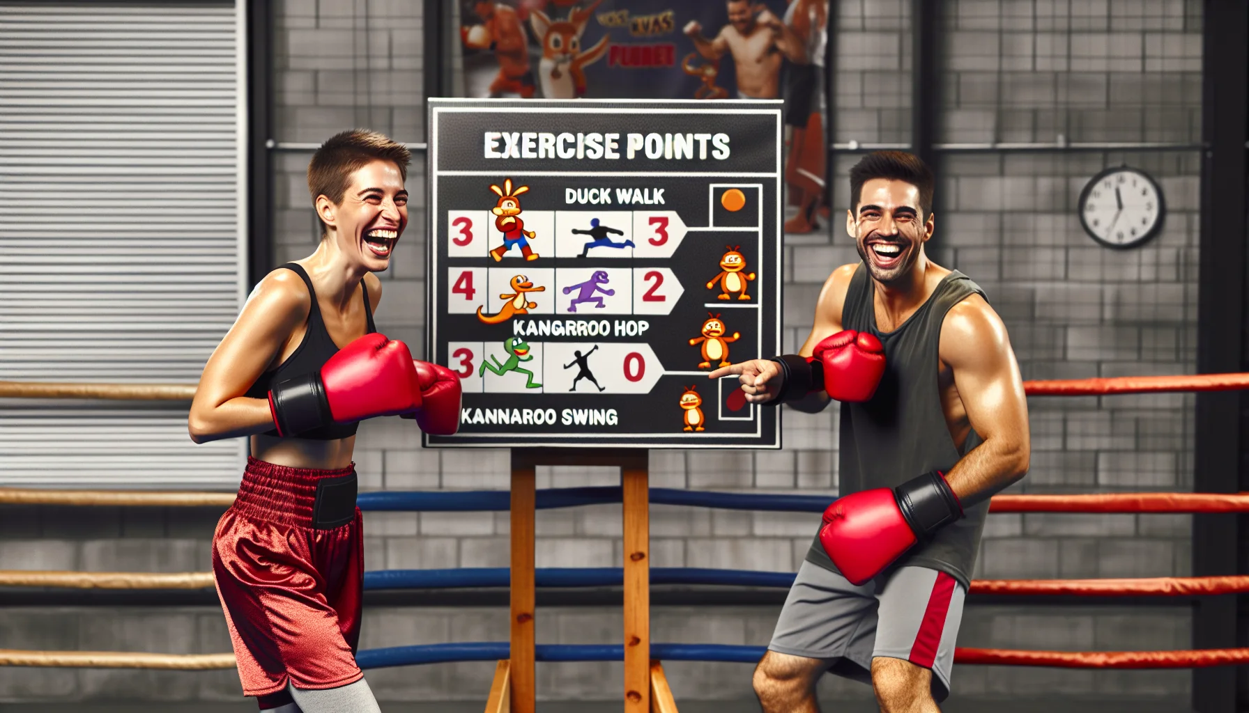 Create a humor-infused scene where a Caucasian female kickboxer and a Hispanic male mixed martial arts (MMA) fighter are in a friendly duel. They are both in a boxing ring, wearing their respective gear, but instead of the usual intense expressions, they are both laughing and pointing at a scoreboard that shows exercise points won by funny moves such as 'Duck Walk', 'Kangaroo Hop' and 'Monkey Swing'. This scene is intended to highlight the enjoyment aspect of physical exercise and encourage people to participate.