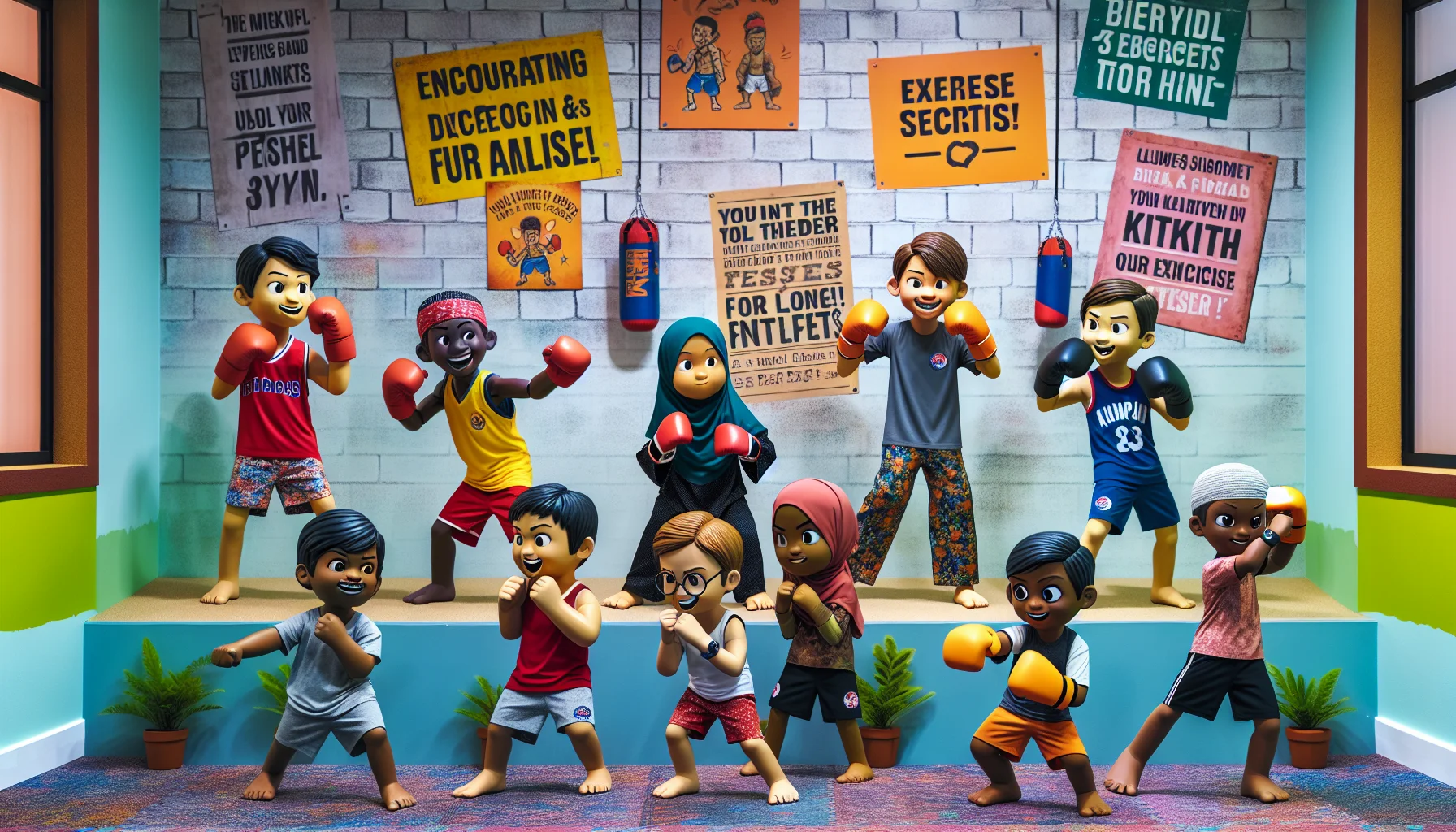 Envision a humorous and enticing scenario that showcases a group of children from different descents: Caucasian, Hispanic, Black, Middle-Eastern, and South Asian engaging in a kickboxing training. The scene takes place at a brightly colored local gym adorned with encouraging quotes about fitness and exercise on the walls. Each child displays a unique, exaggerated kickboxing pose, adding a touch of comedy to the scene. Their expressions are filled with joy and determination, promoting the idea that exercise can be fun and beneficial for all.