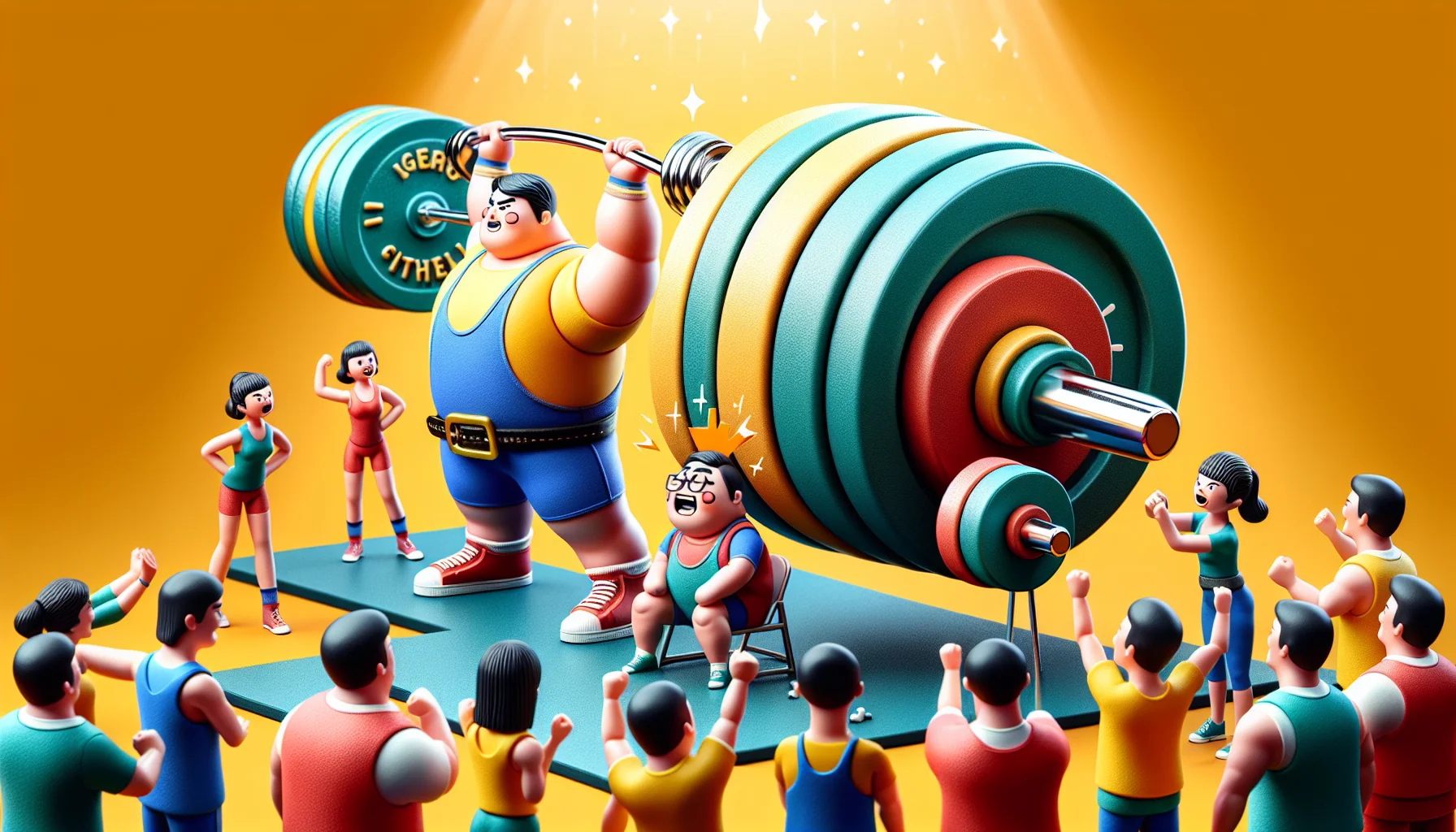 Comical and engaging representation of powerlifting, designed to inspire physical activity. Imagine a scene in a traditional gym setting, spotlighted are two powerlifters, one a Hispanic woman and the other an Asian man, in colourful workout clothes. The woman is attempting to heave an oversized, cartoonish barbell with little dumbbells acting like cheerleaders on the sides, cheering both lifters. The man, on the other hand, is surprised by a mini barbell lifting itself. Riding the tone of fun and absurdity, this image aims to lessen the intimidation surrounding powerlifting and encourages everyone to engage in exercise.