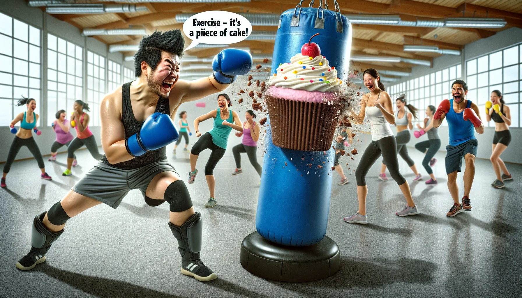 Create a humorous yet inspiring image of an Asian male kickboxing athlete, who we'll name 'Liu Ce'. We see him in a lively indoor gym, taking a vigorous stance, wearing protective gloves and sports attire. His face shows determination mixed with a playful grin. In the hilarious twist, instead of a punch bag, he appears to be fighting against a life-sized cupcake, splattering bits of frosting as punches land. The background has people of different genders and descents, all laughing, motivated, and engaging in various fitness activities. A caption floating above reads, 'Exercise - it's a piece of cake!'