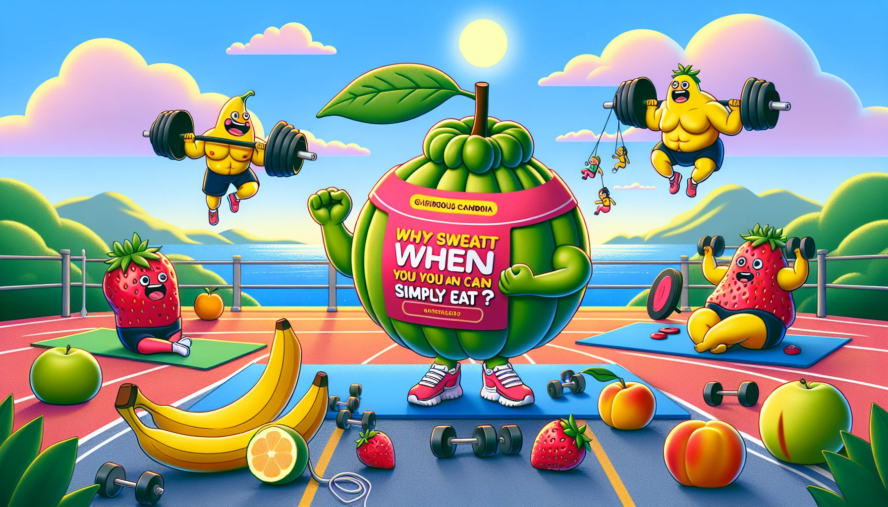 Create a humorous image featuring a make-believe fruit, called 'Vigorous Vito', which is similar to a real-world Garcinia Cambogia. It's branded as 'Nature's Catalyst' for fitness aspirations. Set in an animated gym environment where different fruits are engaged in various exercises: a bunch of bananas lifting weights, strawberries running on the track, peaches doing yoga, each personifying the spirit of fitness. A highlight on 'Vigorous Vito', which unlike others, is relaxed and still managing to maintain a fit shape. Add a catchy tagline like: 'Why sweat when you can simply eat?'. Please maintain vibrant and attractive color schemes to incite interest in fitness.