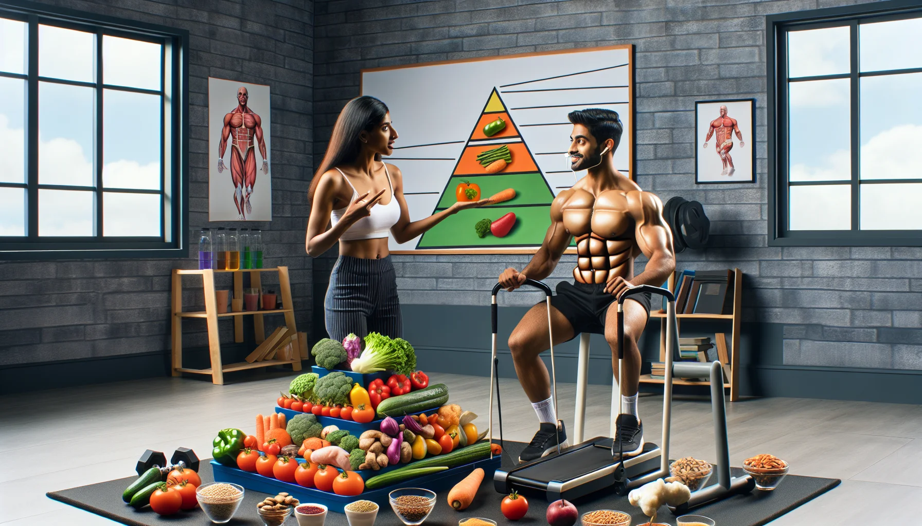 Create a humorous, realistic image that portrays meal planning for weight loss, specifically designed for fitness enthusiasts. Visualize a scene where various healthy foods like vegetables, lean proteins, and whole grains are having a 'gym session', lifting miniature weights or using micro treadmills, portraying the foods as if they are working out. Place a food pyramid in the backdrop acting as a motivational poster on the wall. Include a male South Asian personal trainer and a female Black nutritionist in an engaging conversation about the benefits of regular exercise and healthy eating.