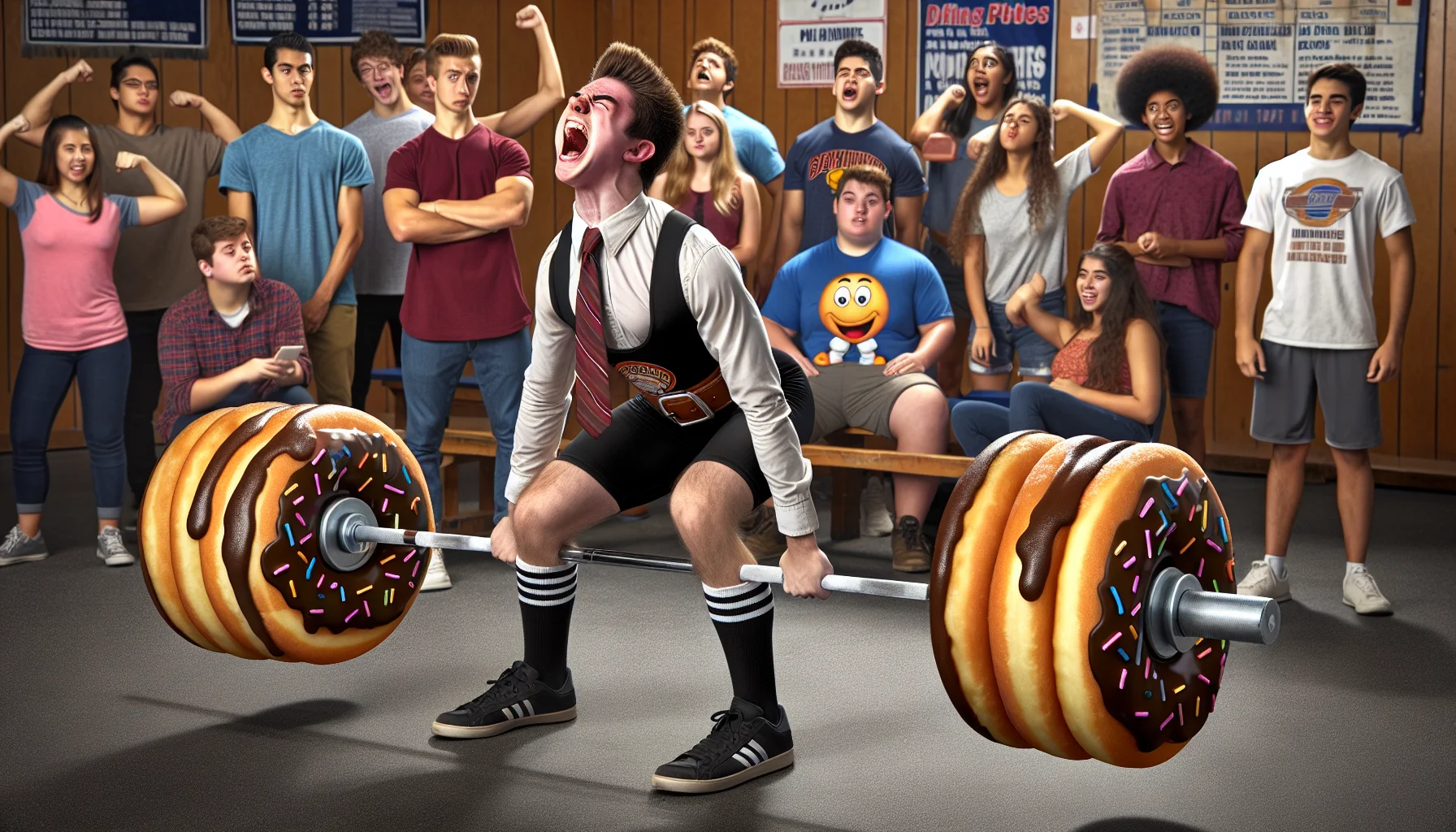 Create a humorous and lively image of a powerlifting competition from a high school athletics association. The scene unfurls in the gym, with a visibly strained yet passionate teenager performing a mighty deadlift, grit and determination etched on their face. In a quirky twist, the barbell is not loaded with traditional weights, but with oversized donuts! On the sidelines, a mixed crowd of fellow students, both male and female, from different descents such as Caucasian, Hispanic, and Middle-Eastern, watch in amusement and cheer on. Use this scene to artistically emphasize the importance of exercise and physical effort.