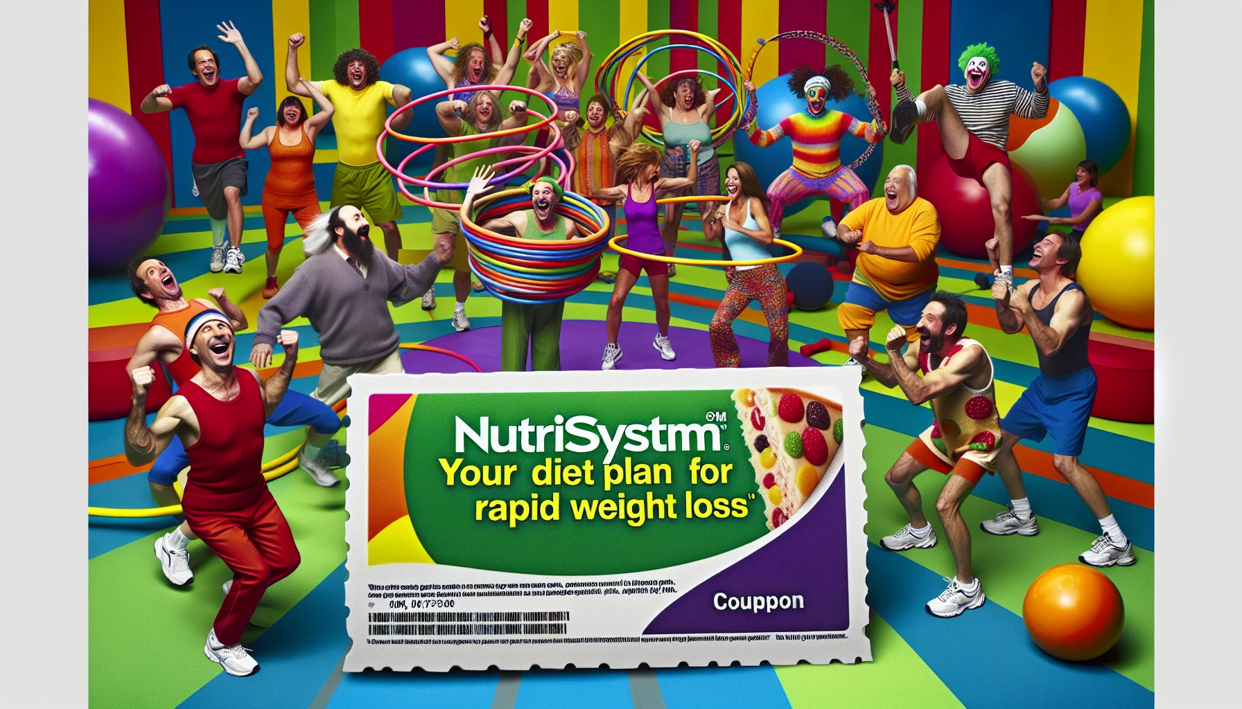 Imagine a humorous picture displaying a Nutrisystem Coupon with the caption 'Your Diet Plan for Rapid Weight Loss' strategically placed. This image captures an eccentric and lively gym scenario. A group of people of varying descents such as Caucasian, Hispanic, Middle Eastern, some ages, and both genders are laughing and interacting in an energetic, comical fashion as they exercise using humorous and unconventional gym equipment, like oversized hula hoops, bouncy balls, and exaggerated dumbbells. Vibrant gym colors fill the background, promoting an enticing, inviting atmosphere to exercise and promote their rapid weight loss journey.