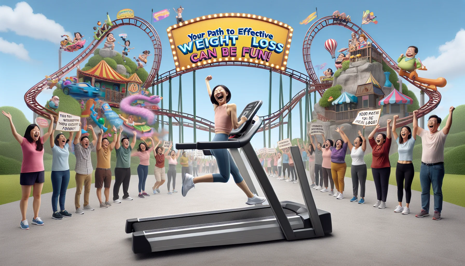 Imagine a humorous and realistic scene promoting an effective weight loss program. In the center, a treadmill is transformed into an exciting roller coaster ride, with colorful decorations and fun park aesthetics all around it. On this 'fitness roller coaster', an Asian woman is laughing out loud as she runs, her arms thrown high in joy, mimicking the thrill of a roller coaster ride. Around, a cheering audience of individuals of different descents and genders, holding signs saying, 'Your path to health can be fun!' The phrase 'Your Path to Effective Weight Loss' is emblazoned across the sky.