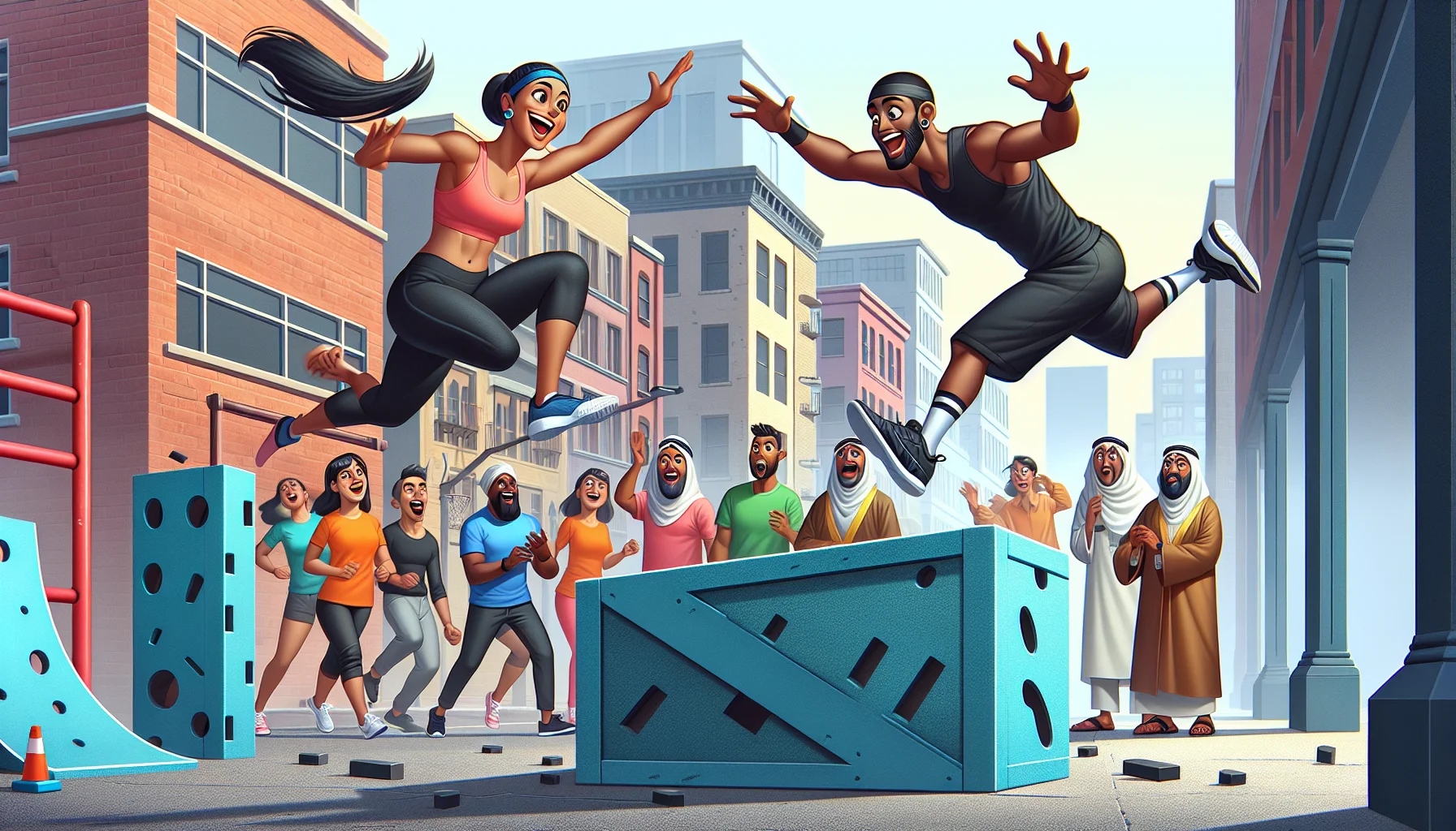 Illustrate a humorous scenario that makes exercising look enticing. This scene takes place in an urban environment and features a 3D representation of a parkour block. There's a Black woman and a Hispanic man leaping off the parkour block, demonstrating their athletic abilities, laughing, and enjoying the activity. The expressions on their faces show their joy and enthusiasm. They are clearly having fun while getting an intense workout. To add to the humor, include a couple of comically surprised South Asian and Middle-Eastern bystanders watching this unexpected athletic display in their city street. Make the scene colorful and engaging to capture the exhilarating and fun elements of exercise.