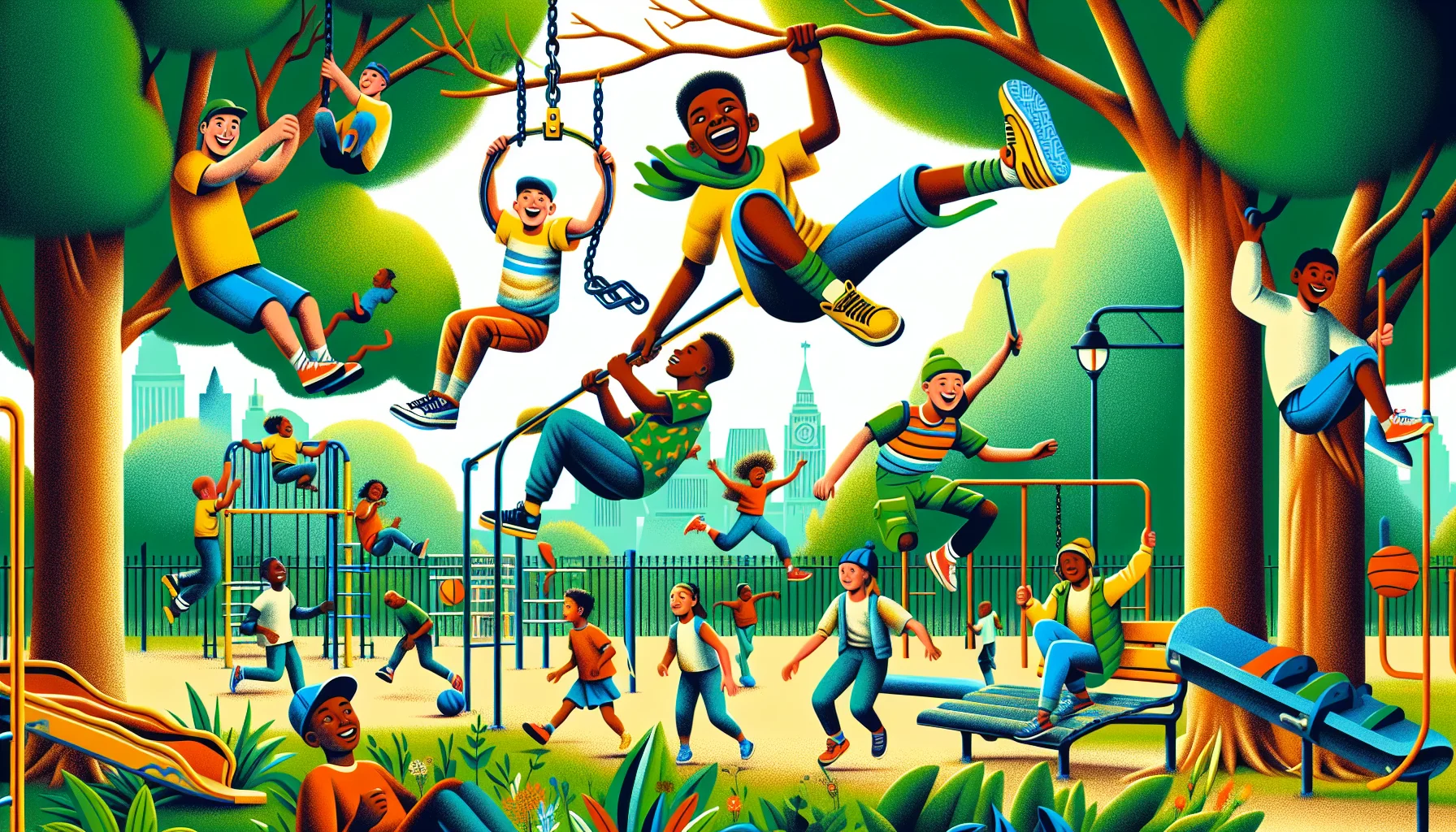 Generate a picture that depicts a humorous scene in a park, where children of different descents - Caucasian, South Asian, Black, Hispanic and Middle-Eastern - are enthusiastically engaging in parkour activities. They could be hanging from tree branches, swinging from park equipment, jumping over fences, rolling on the ground etc. Their lively expressions and exaggerated actions should create laughter and inspiration, hence encouraging others to participate in physical activities for health and entertainment. The overall vibe should be fun-filled and inviting with bright vibrant colors.