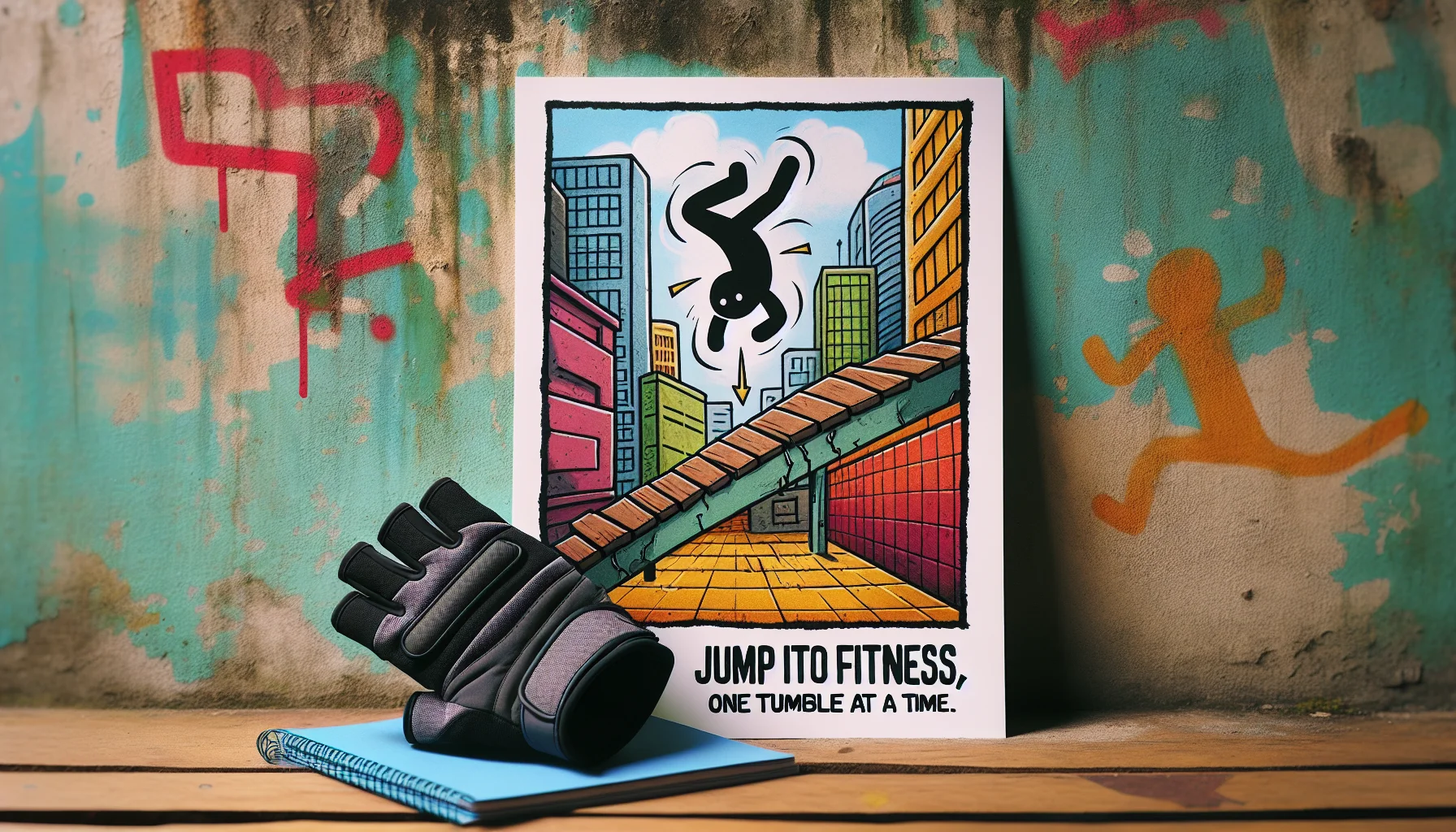 Design a humorous scene promoting a fitness lifestyle through parkour. The focus of the image is a pair of parkour gloves laying in an urban environment, maybe on a colorful wall. Next to the gloves is a hand-drawn doodle of a stick figure attempting a daring parkour move but somersaulting in a silly way. The mood of the scene is playful and jovial, encouraging viewers not just to exercise, but to enjoy the process as well. Include a catchy slogan at the bottom that reads, 'Jump into fitness, one tumble at a time.'
