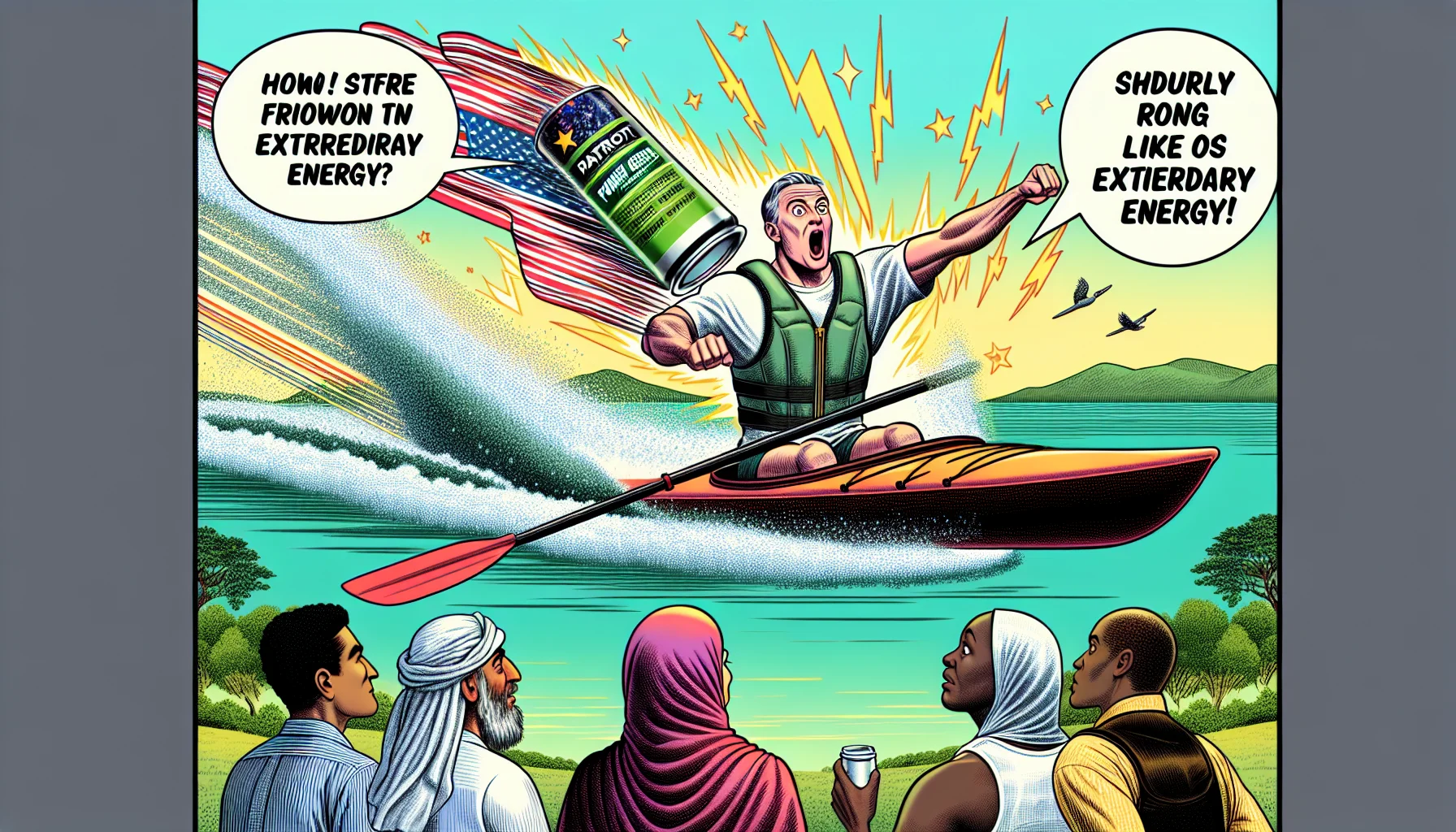 Generate a humorous illustration showcasing a review of a generic health drink called 'Patriot Power Greens'. This energetic image should tantalizingly entice people to exercise. The scene could include a person who, after drinking the beverage, suddenly finds themself imbued with extraordinary energy. This Caucasian male in his early 50s, following a kayak training regimen, starts rowing so fast that he takes off like a rocket. Let's also include a group of onlookers, a Middle-Eastern female, a Hispanic male, and a Black female, all looking utterly stunned and inspired by the scene.