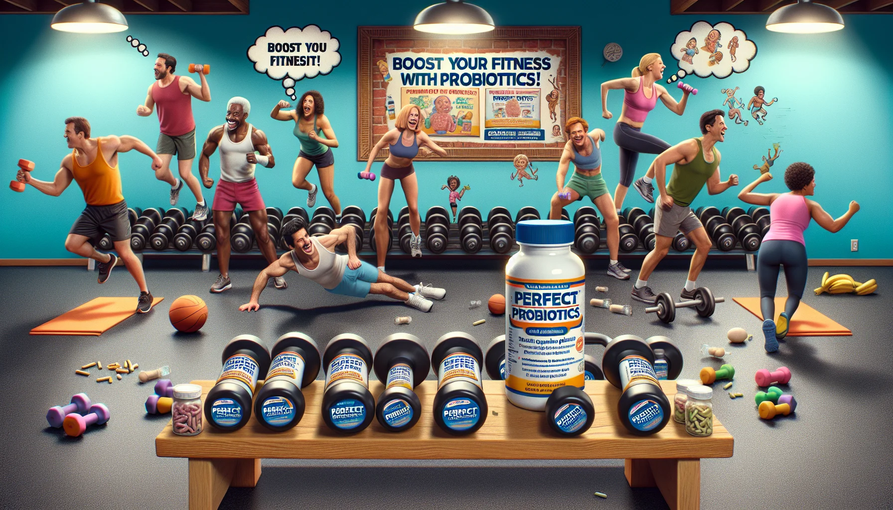 Create a humorous, realistic image of a gym setting where there are several bottles of a generic probiotic supplement lined up as makeshift dumbbells. The bottles are labeled 'Perfect Probiotics'. In the background, there are diverse individuals of different genders and descents energetically engaging in various forms of exercise such as running, cycling, doing push-ups, etc. They are laughing and seem to be thoroughly enjoying their workout session. There are thought bubbles over a few individuals showing their curiosity and interest in the probiotic dumbbells. Also, include a billboard in the corner that reads: 'Boost your Fitness with Probiotics!'