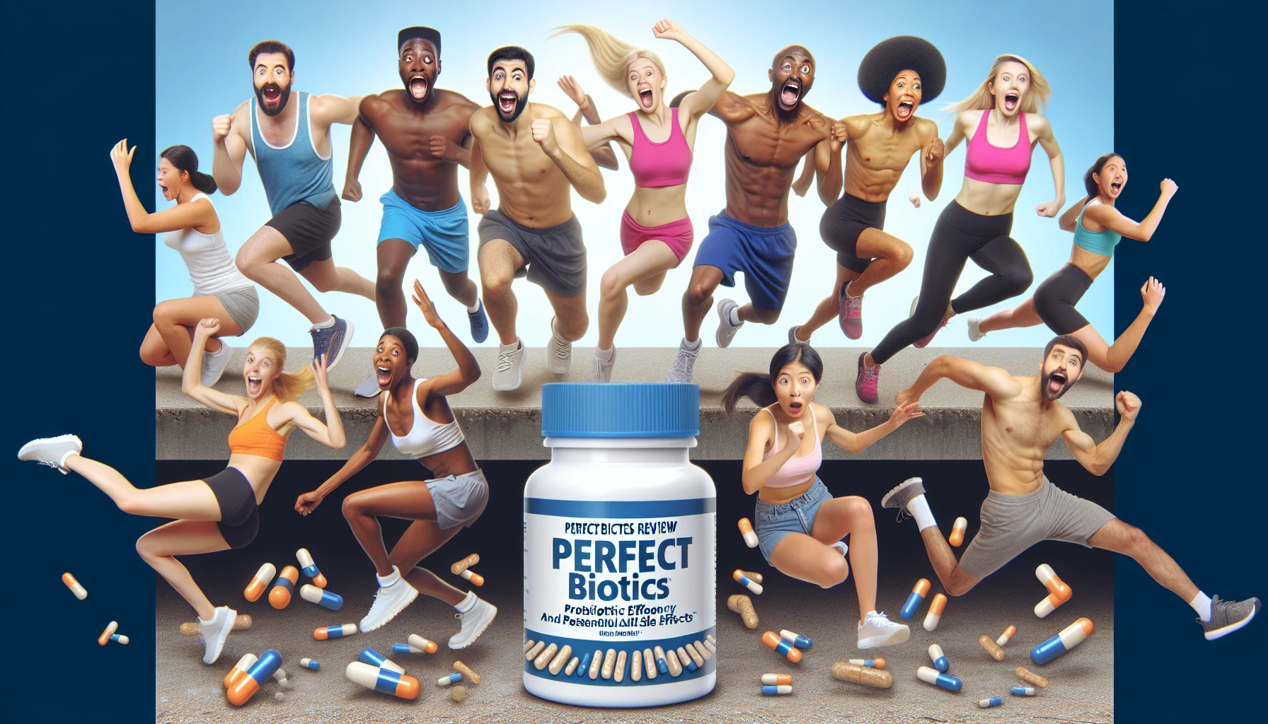 Generate an entertaining and realistic image that represents the effectiveness and possible side effects of Perfect Biotics. The image should convey a funny scenario in which diverse individuals of various descents, including Caucasian, Hispanic, Middle-Eastern, South Asian, and Black, are excitedly engaged in different forms of exercise, such as running, weightlifting, and yoga. There should be text on the image, in a friendly and bold font, that says 'Perfect Biotics Review: Probiotic Efficacy and Potential Side Effects'. The entire composition should be enticing and should promote an active lifestyle, with a tasteful balance of humor and information.