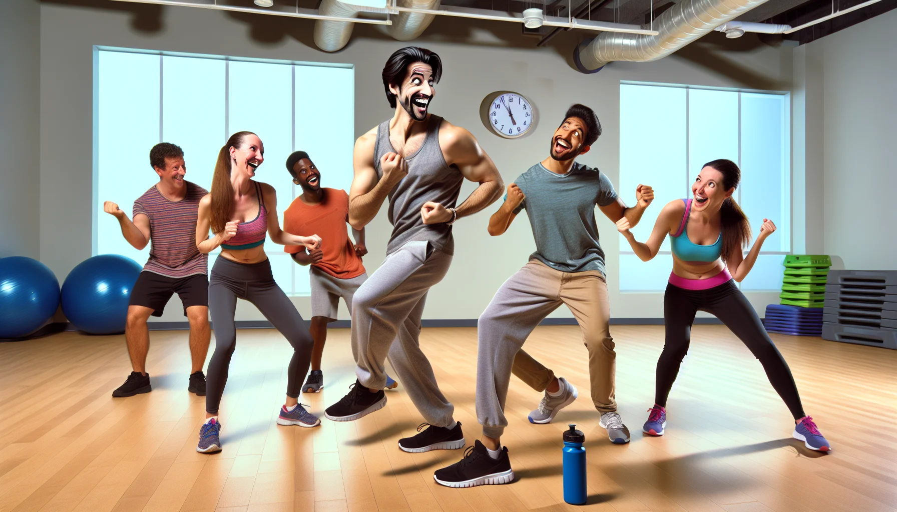 Create a humorous, realistic scene taking place at a generic fitness center where a co-ed group is engaging in a Zumba class. The fitness instructor, a charismatic Middle-Eastern man, is leading the class with zest. A Caucasian woman appears to be quite confused and is going in exactly the opposite direction of the others. A South Asian man is dancing with too much enthusiasm, knocking over a water bottle in the process. A Black woman, however, seems to be in perfect step with the instructor, grinning at her friends' antics. This entertaining scene is making physical health and fitness look appealing and approachable.