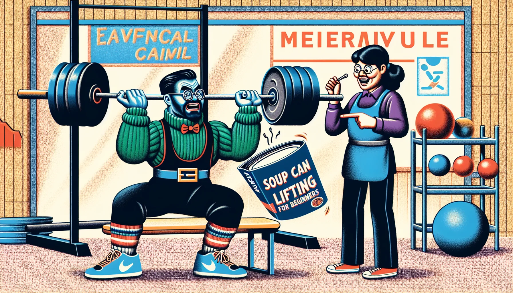 Illustrate a humorous scene that promotes physical fitness. The design should be in the style of realistic clipart featuring powerlifting elements at its heart. Imagine a muscled South Asian male powerlifter, struggling to lift the ever so slightly large soup can, with his eyes bulging and jaw dropped while a Black female personal trainer, standing by his side, is giggling and pointing towards a manual titled 'Soup Can Lifting For Beginners'. The background could include typical gym elements. The goal is to present exercise as fun and engaging activity rather than a daunting task.