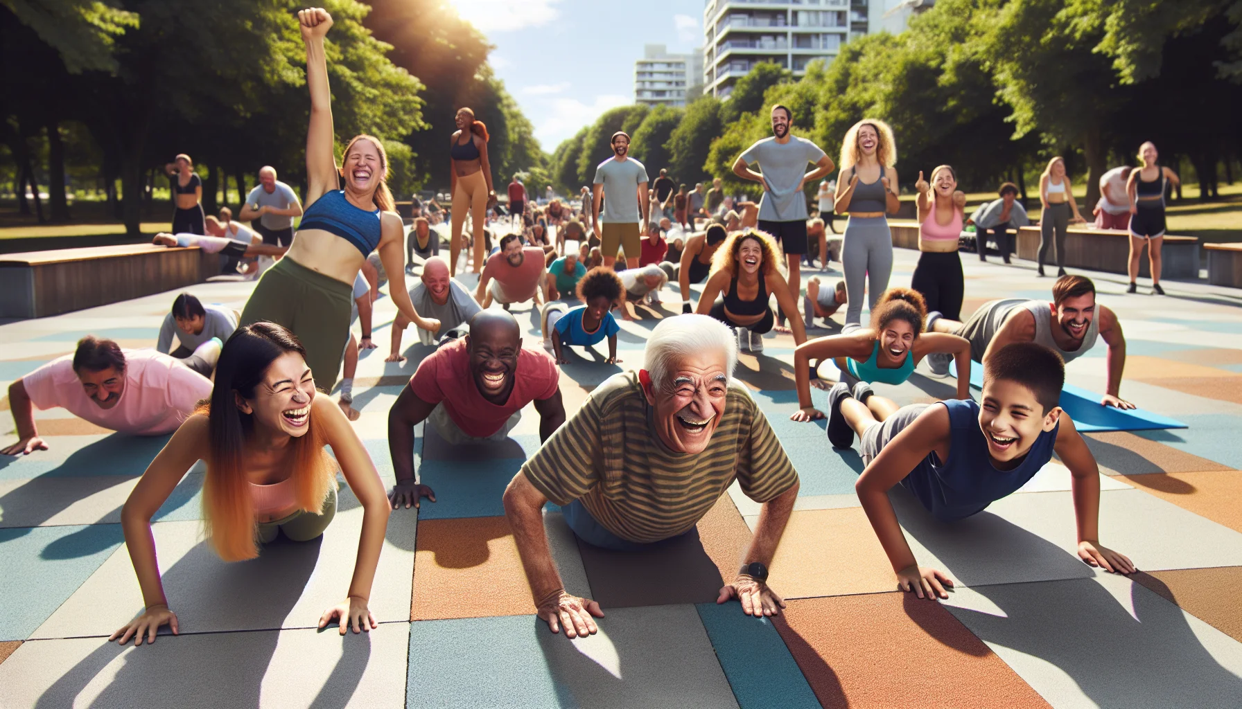 Create a humorous and realistic image of outdoor fitness. Visualize a sunlit public park filled with people of all ages, races, and genders participating in a push-ups challenge. Everyone is laughter-filled, trying to outdo each other in a friendly competition. The diverse spectacle includes an elderly Caucasian man impressively doing a set, a young Hispanic woman laughing as she struggles, a Black child showing off unusual push-up styles, and a Middle-Eastern teenager demonstrating a perfect technique. The scene underscores the amusing, challenging, and encouraging moments of shared workouts, hoping to inspire viewers to love exercise.