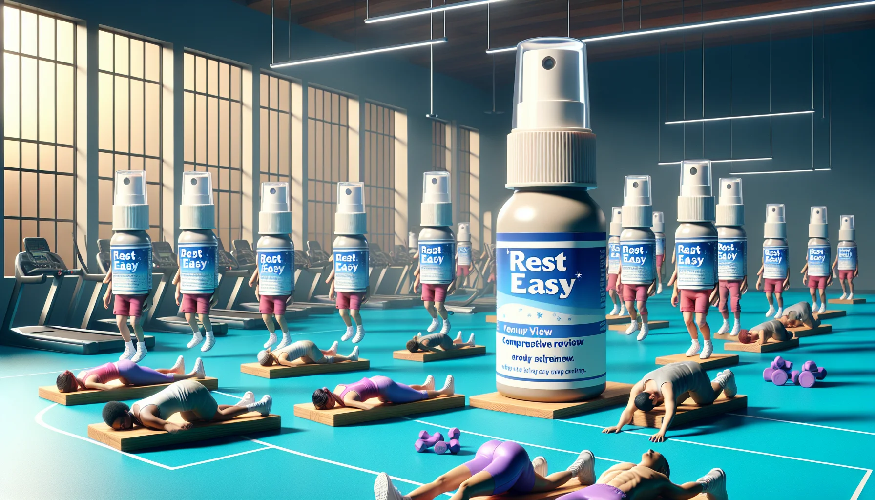 Create a humorous yet realistic scenario showcasing a comprehensive review of 'Rest Easy', a generic brand of sleep sprays. The scenario should creatively intertwine with the act of exercising. For instance, it could depict a scene where people of various descents and genders are trying to exercise while balancing sleepy bottles of 'Rest Easy' on their heads, all set in a brightly lit gym environment.