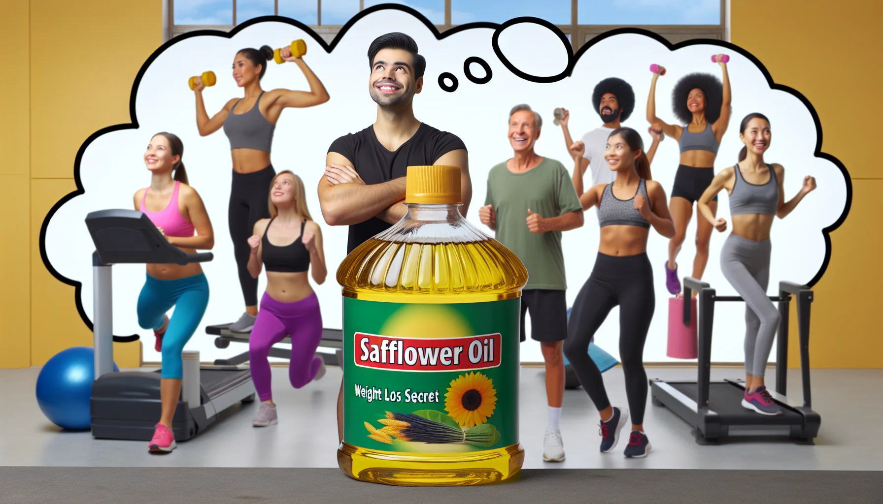 Please generate a humorous image showing a bottle labeled 'Safflower Oil: A Weight Loss Secret' in the foreground. In the background, a variety of people exercising in a gym environment with considered smiles on their faces and thought bubbles depicting that they are dreaming of the Safflower Oil. The people should be diverse in gender and ethnicity representing a wide spectrum of athletic individuals such as a South Asian male lifting weights, a Hispanic female running on a treadmill, a Black male doing yoga and a Caucasian female doing aerobics. Their workout attire should be vibrant and filled with fun patterns to bring out the light-hearted atmosphere.