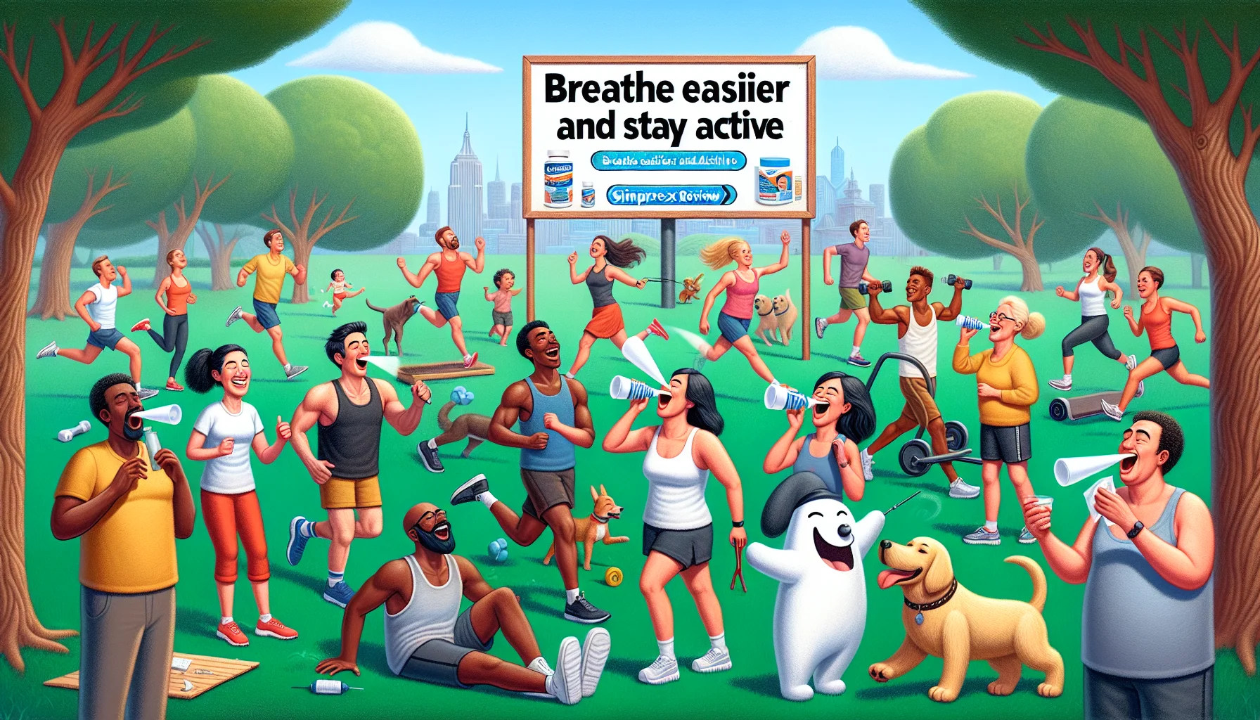 A humorous scene illustrating the benefits of 'Breathe Easier and Stay Active', showcasing a lively park setting. Various people of different genders and descents, such as Caucasian, Black, Hispanic, South Asian, and Middle Eastern, are engaging in diverse outdoor activities. They're jogging, walking dogs, doing yoga, lifting weights, and laughing cheerfully, with open, clear sinuses and radiant expressions of comfort and relief on their faces. A banner at the top of the image reads, 'Sinuprex Review: Breathe Easier and Stay Active'. The scene evokes the impression that the product has drastically improved their quality of life.
