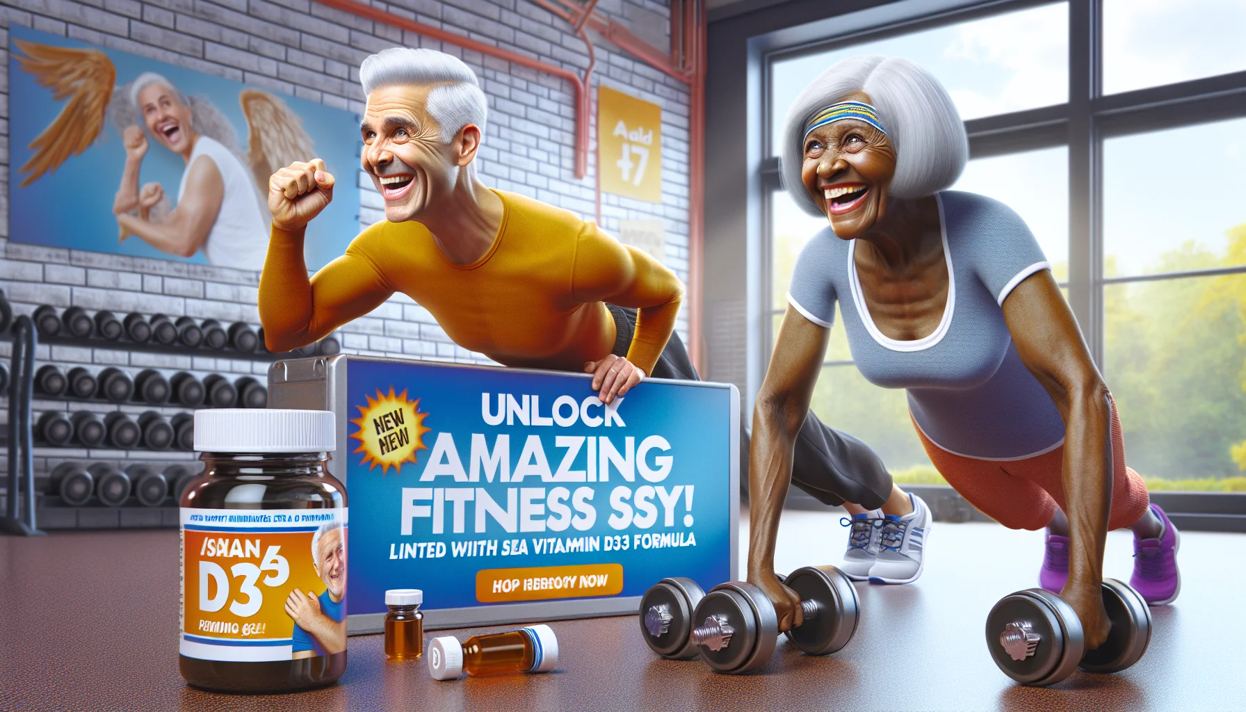 Create a humorously exaggerated illustration showing the concept of slow aging and enhanced fitness linked with a fictional Sea Vitamin D3 formula. In this scene, an elderly Caucasian man and a middle-aged Black woman are laughing while exhibiting incredible fitness levels. The man is doing one-arm pushups with a smile on his face, while the woman is easily lifting heavy dumbbells. They both have youthful, glowing skin, contrasting their grey hair. The background is a bright, inviting gym with a banner that reads, 'Unlock Amazing Fitness with Sea D3!'. Make this scene light-hearted, encouraging viewers to exercise.
