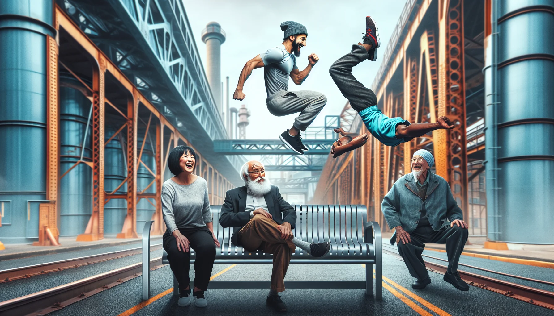 Create a vibrant and realistic image capturing an amusing scene of city parkour in an industrial steel city. Imagine a Hispanic male flipping agilely over a bench with a playful grin, a Black female balancing expertly on a handrail, her laughter infectious, and a Middle-Eastern elderly man attempting an ambitious leap over a steel barrier, his determined expression adding to the humor. Use this intriguing display of athleticism and humor to inspire viewers to consider the fun side of exercise.