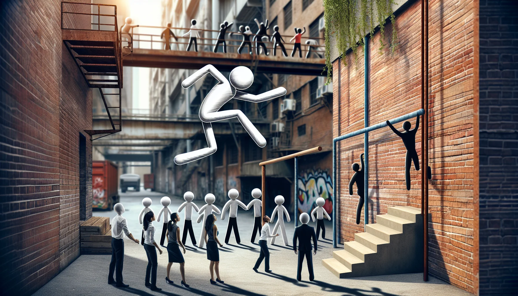 Create an imaginative and humorous scene featuring a stickman figure practicing parkour. The setting is an urban jungle, with brick walls, metal railings, and concrete structures. The stickman uses these as obstacles, leaping over them with agility and grace. Included in the image is a group of people, with diverse ethnic backgrounds and genders, looking on with amazement and laughter, feeling motivated to join in. The scene is both exhilarating and lighthearted, helping viewers appreciate the benefits and fun of physical exercise.