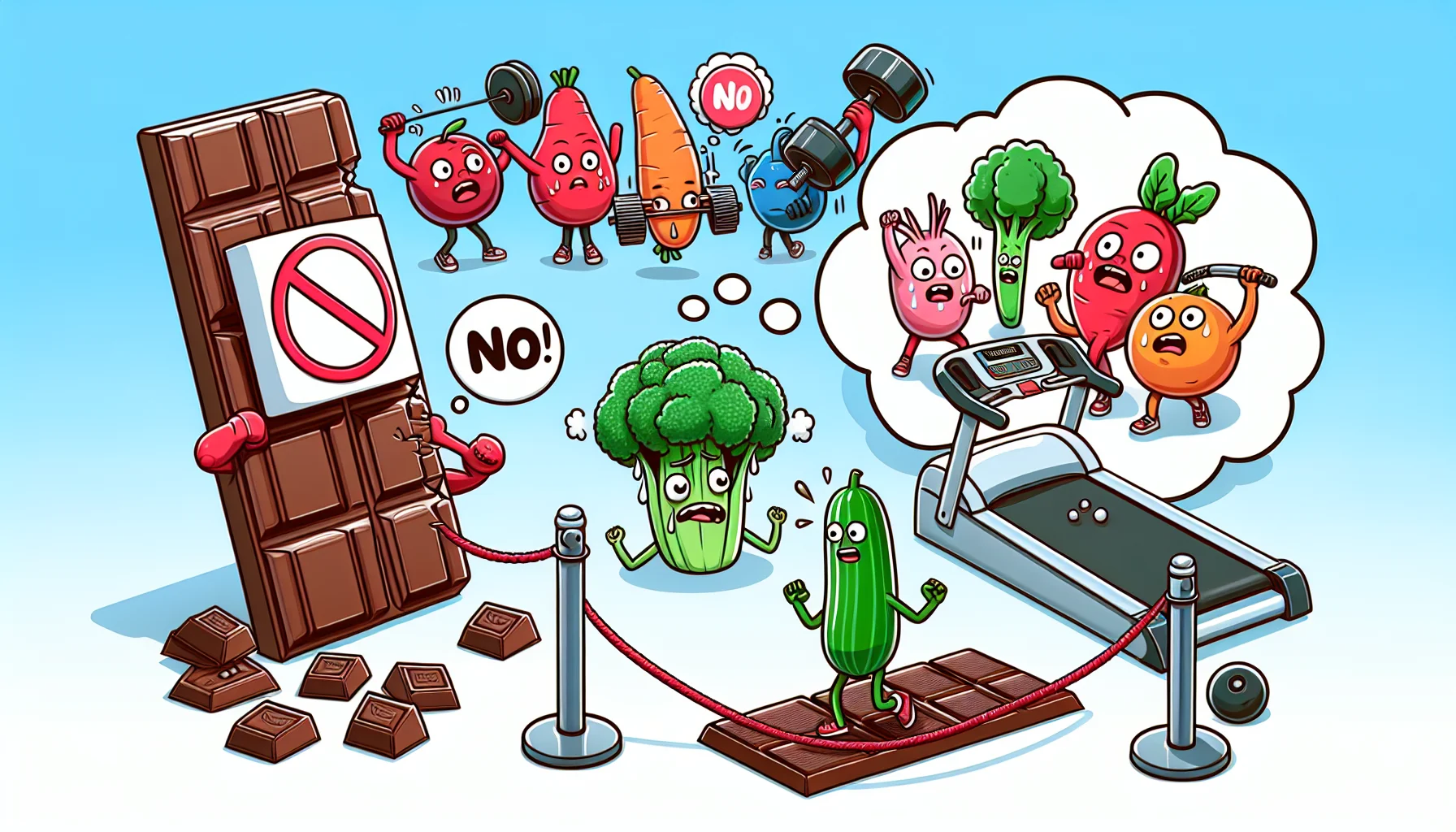 Design an amusing yet informative scene depicting strategies to overcome sugar cravings and enhance fitness: we could see cartoony vegetables literally pushing a bar of chocolate away with a big red 'NO' symbol over it, while on the other side, a humorous depiction of exercise gear such as weights and a treadmill are luring people with open arms, enticing them to work out. Maybe even have a thought bubble coming from a treadmill, dreaming of being used. The entire image should evoke laughter but also inspire people to make healthier choices.