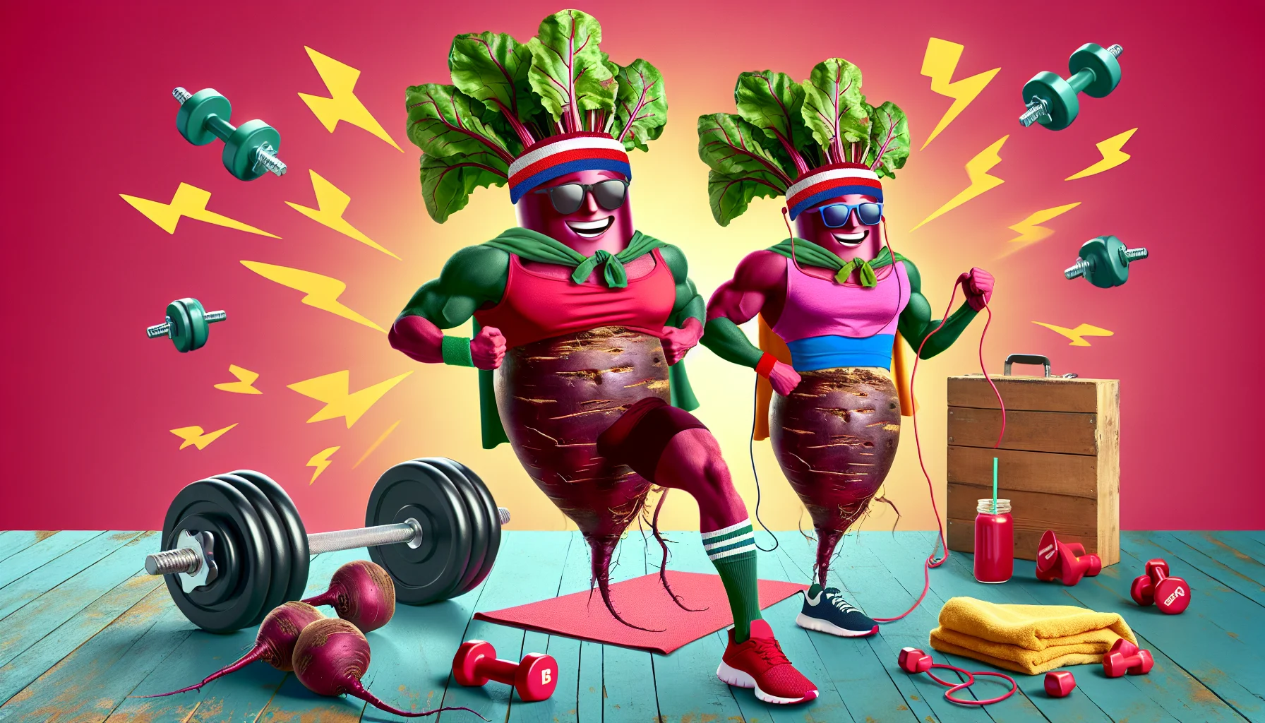 Envision a humorous scenario featuring the superfood that fitness enthusiasts rave about - Superbeets. Picture these beets wearing sporty bandanas and jogging shoes, filling weights, and doing cardio exercises with a vibrant, enlivening background. The atmosphere should radiate positivity and encouragement, with fun, comical elements thrown in to make people eager to participate in physical activities. This image serves the purpose of promoting both dietary health through Superbeets and the importance of regular exercise.