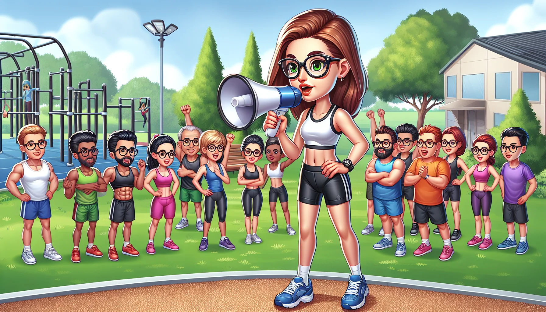 Illustrate a humorous fitness scenario with a female public figure with a petite physique, inspiring people to engage in physical exercise. She has brunette hair and wears glasses. She is seen wearing sporting attire with sneakers and holding a megaphone, encouraging a group of people from various ethnic backgrounds. The backdrop is well-equipped fitness park with trees and blue sky.