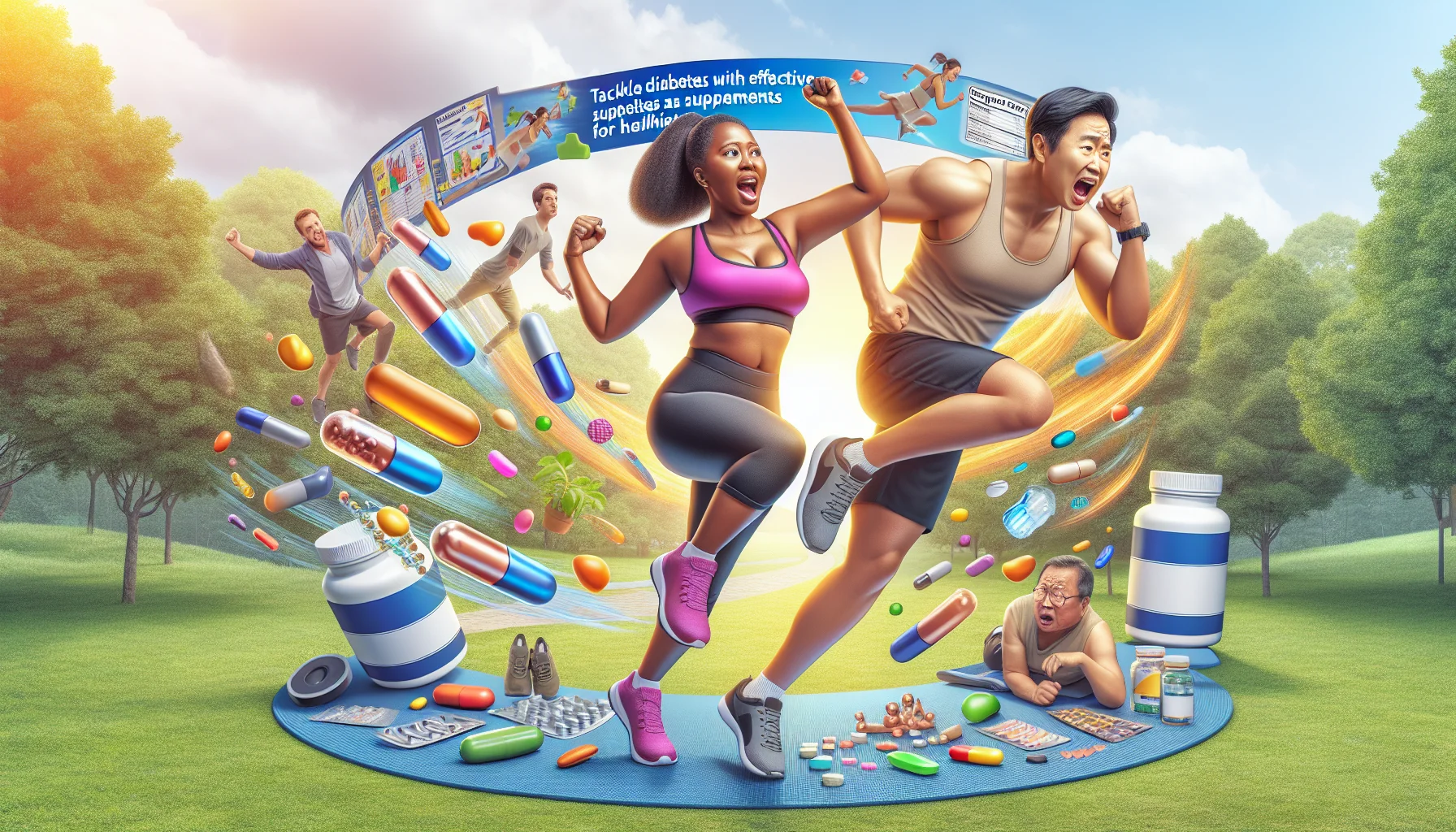 Create a realistic and humorous image featuring a bright, colorful, and energetic scene. Our main subject is a fit middle-aged black woman in exercise attire, doing aerobic exercises with plenty of enthusiasm. Next to her, a neutrally dressed middle-aged Asian man is struggling to keep up, panting with exhaustion, yet determined. The scene is set in a lush park on a sunny day. Displayed in mid-air, are supplements under a banner saying 'Tackle Diabetes with Effective Supplements for a Healthier Life'. Also, show an array of different exercise-themed icons (like running shoes, water bottles, etc.) scattered around to promote activity and wellness.