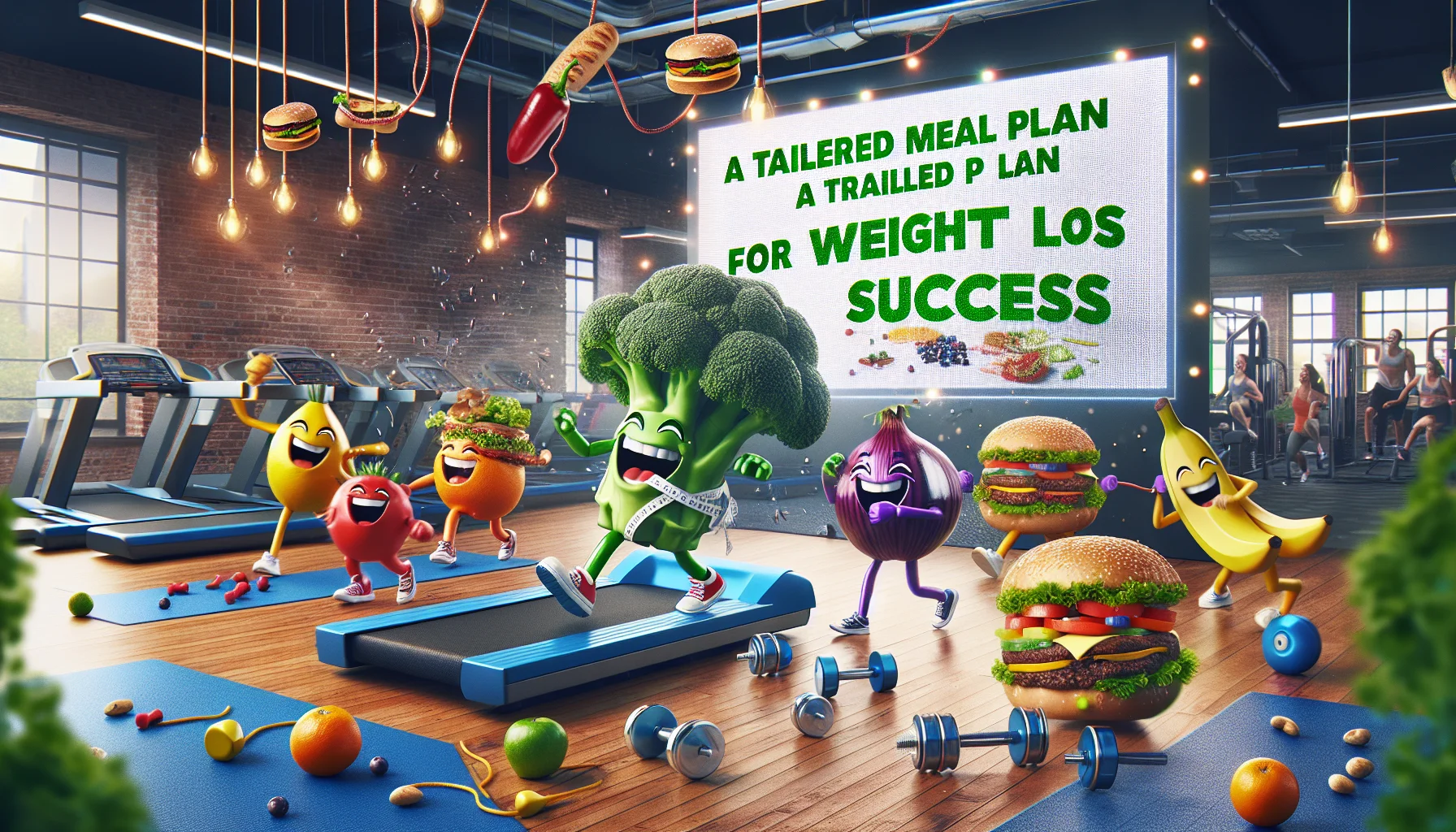 Showcase an interesting and amusing scenario in which a tailored meal plan for weight loss success is being promoted. The scene might include a laughing broccoli lifting dumbbells, a salad dressing dodging a burger attack, fruits playing skipping ropes, and a flock of energy-packed whole grains running on a treadmill. The scenario should be highly engaging, inspiring people to incorporate regular exercise into their routines. The setting can be inside a lively gym or outdoors in a vibrant park.