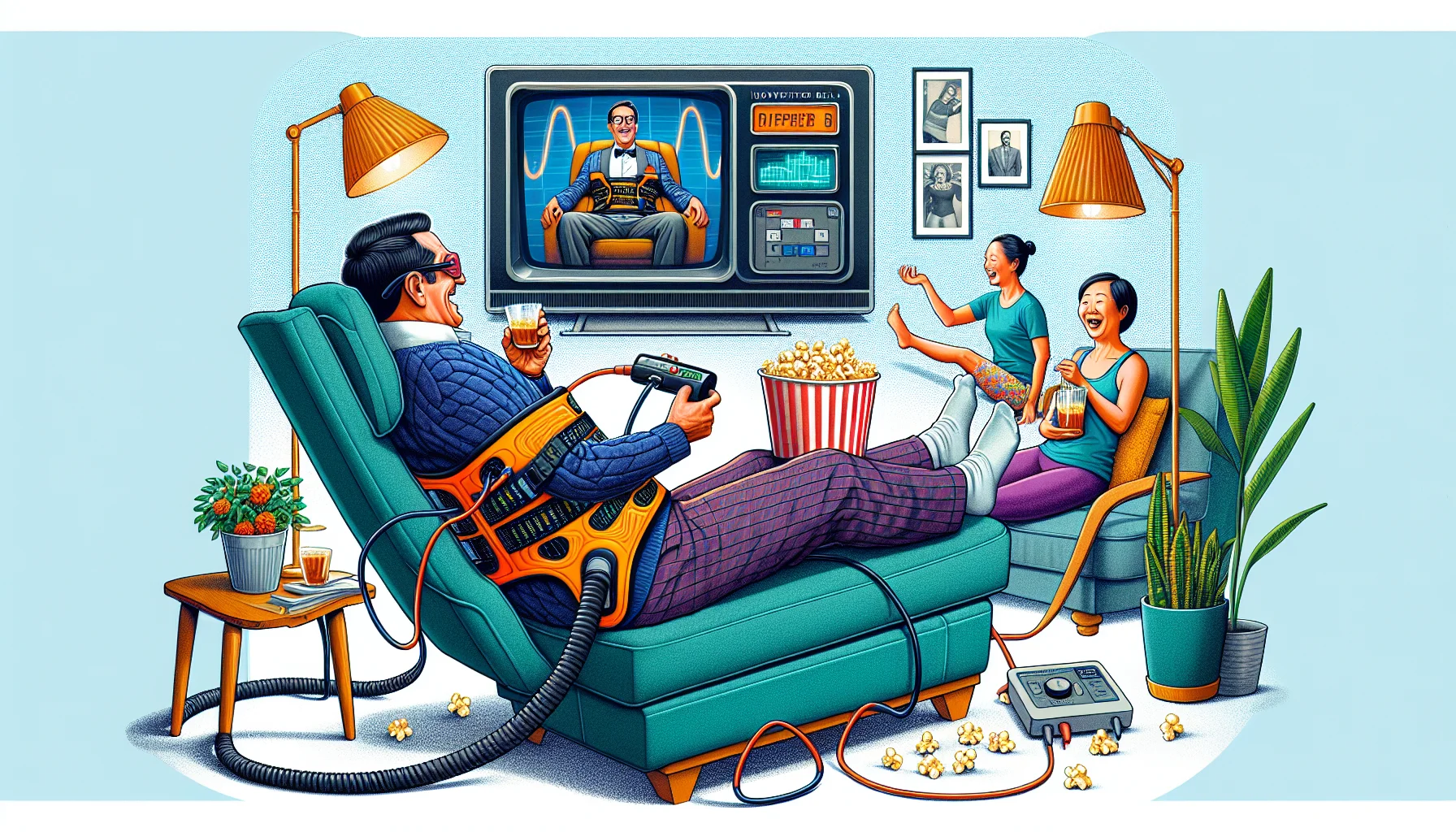 Create a comedic illustration showcasing an innovative fitness belt. This belt has a futuristic design with attached control panel and wires showing its high-tech nature. The belt users get a gentle shock as it helps to reduce abdominal fat. One middle-aged Caucasian male is using it while reclining comfortably on a lounger, eating popcorn and watching an old comedy show on television. His Asian female partner is also using the belt, but she's doing yoga, laughing at the absurdity of the situation. Both are in a brightly lit living room. Ensure the scene connotes a whimsical way to encourage exercise.