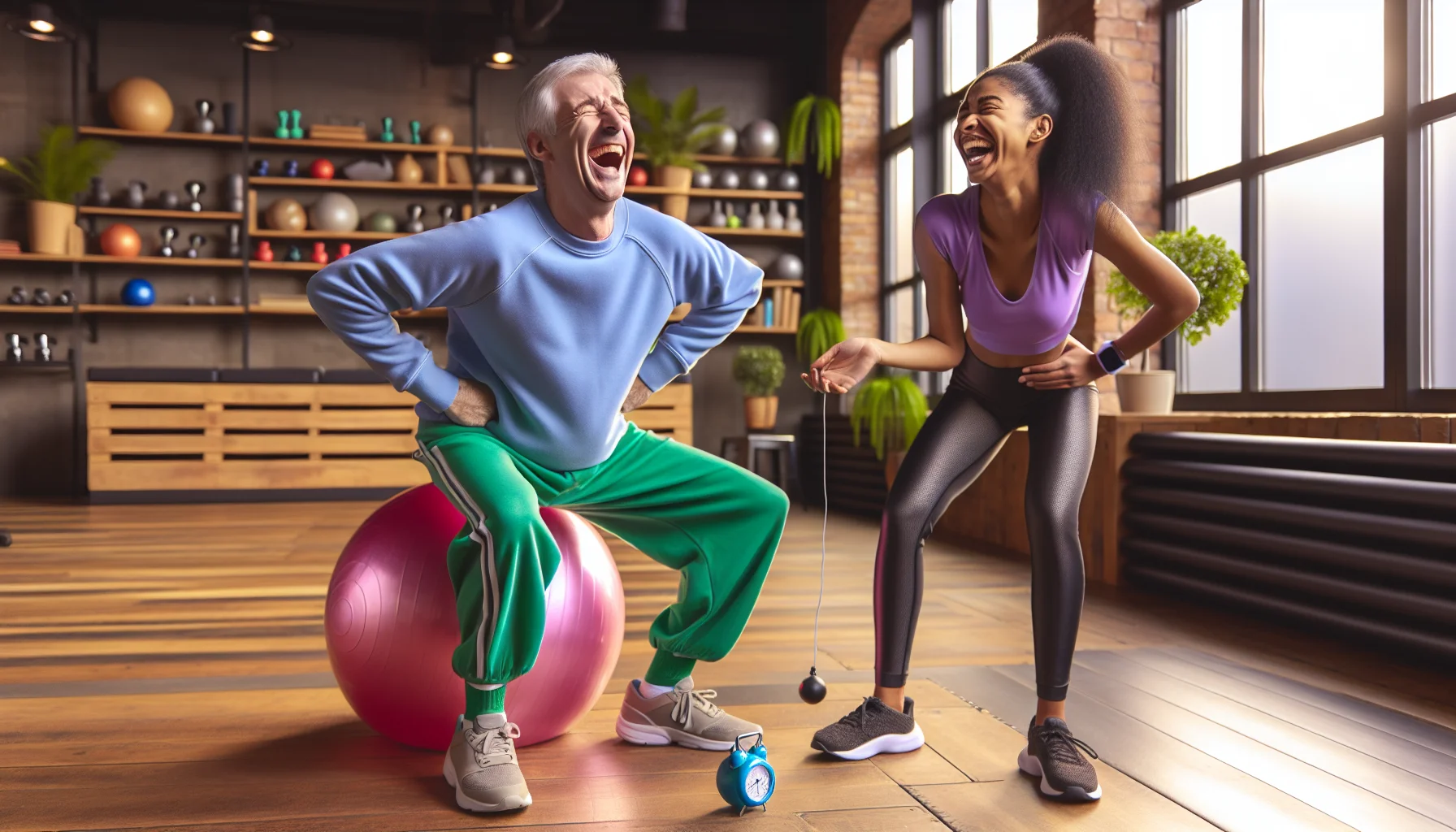 Create an entertaining scenario that illustrates generic fitness wear, inspired by expert reviews and analysis. Picture a middle-aged Caucasian man in vibrant green sweatpants and a cool blue sweatshirt, uncontrollably laughing as he tries to balance on a shiny pink exercise ball. Standing beside him, a young African-American woman in a purple tank top and black yoga pants holds a stopwatch and smiles encouragingly, trying hard not to laugh. In the background, a well-decorated gym environment adds to the humor and energy of the scene, making it difficult for anyone to resist a good workout.