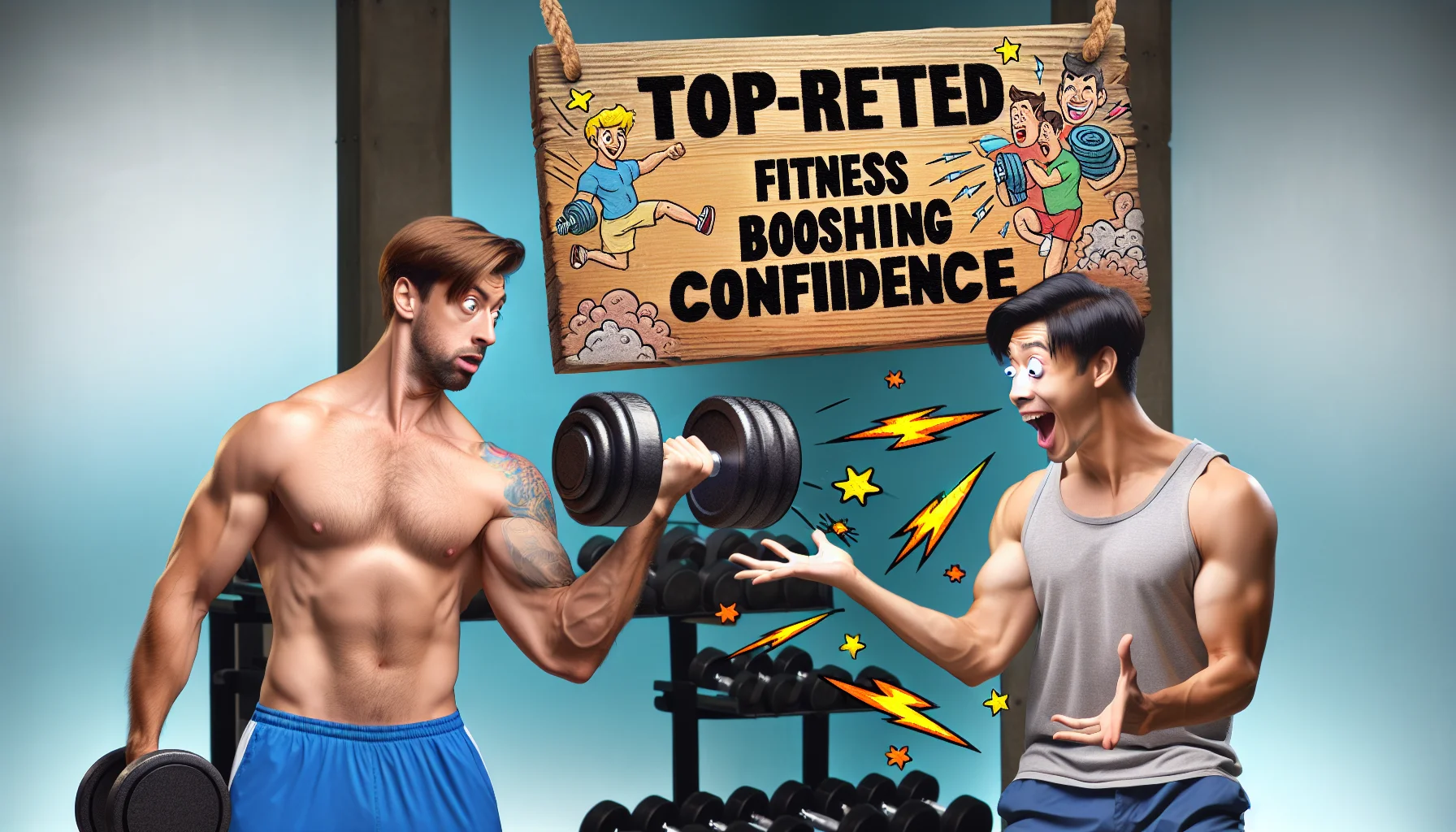 Create a humorous image representing the idea of male enhancement in terms of fitness and confidence. In this image, portray an energetic, Caucasian male effortlessly lifting huge dumbbells while wearing gym gear. Next to him, depict a surprised, Asian male cheerfully struggling with smaller dumbbells. Write the text overlay 'Top-Rated Fitness Boosting Confidence' carving into a wooden signboard hovering overhead with cartoonish designs that depict energy and activity. Both men exhibit a healthy rivalry and camaraderie evoking an atmosphere that entices people to exercise.