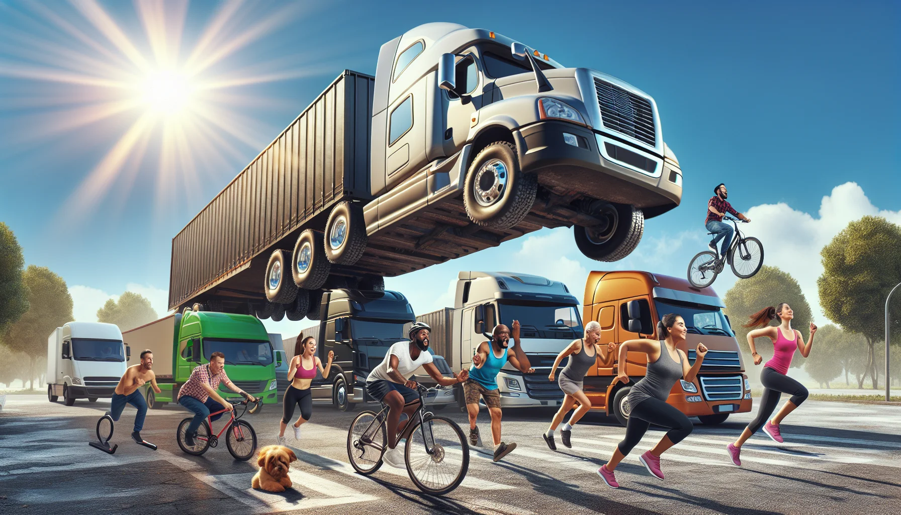 Conjure an entertaining and whimsical image presenting a cartoonish large truck leapfrogging over other parked trucks in an urban setting. In the foreground, a diverse group of people, including a Hispanic male jogger, a Black female cyclist, and a Middle-Eastern elderly couple walking a dog, are inspired by this spectacle and vigorously taking up various forms exercise. Radiant sun shines overhead, casting warm, playful light on the whole scene, sparking laughter and a sense of novelty, giving an unexpected twist to staying fit.