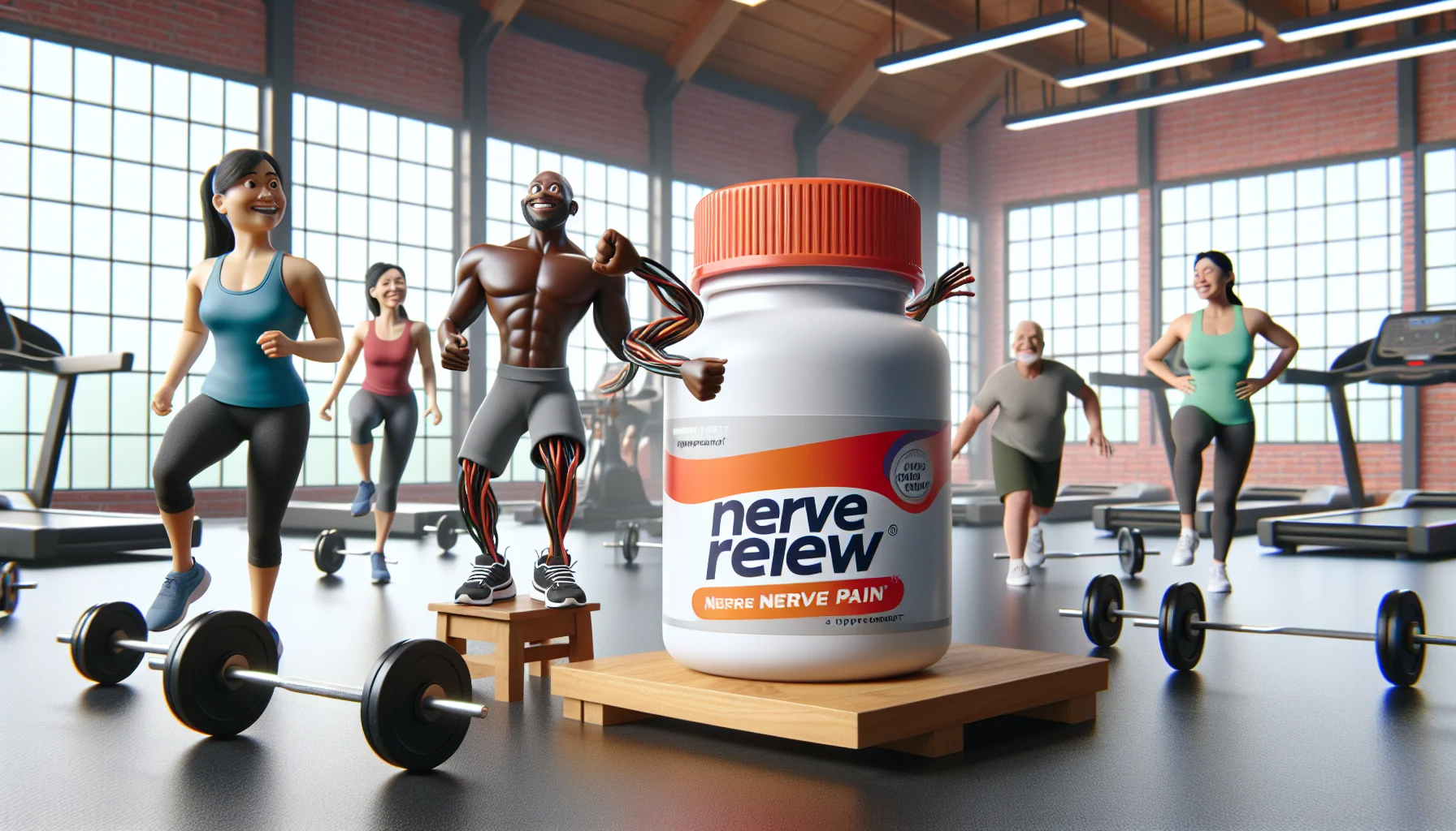 Generate a humorous and realistic image where the Nerve Renew supplement product for tackling nerve pain is given a spotlight. The scene is set in a lively gym, where people of different descents and genders - a Hispanic woman, a Black man, an Asian man, and a Middle-Eastern woman are engaged in various fitness activities. The animated Nerve Renew bottle is shown with tiny arms and legs, funnily trying to motivate and coach the people in the gym to perform their exercises. The lively environment represents the efficiency of the product in aiding people in their fitness journey.