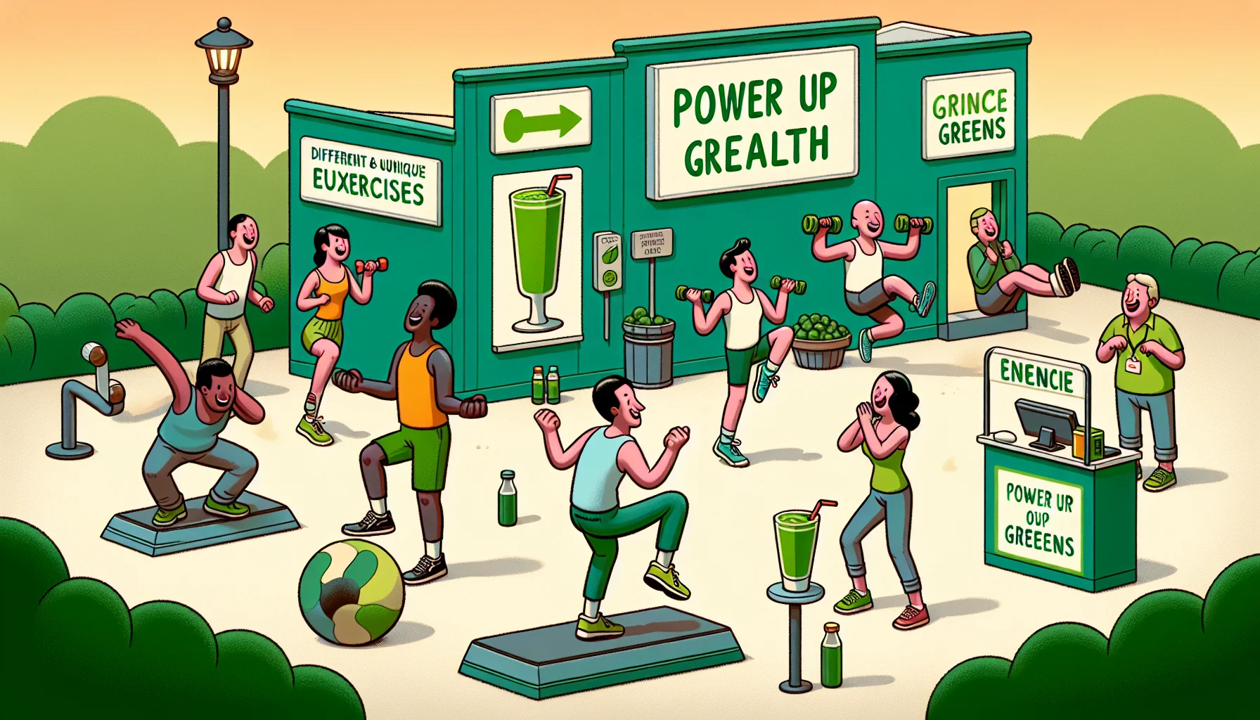 Create a humor-infused scenario that draws people to exercise, alluding to improved health. The setting features instruction signs for different fun and unique exercises, a glowing green smoothie stand labeled 'Power Up Greens', and people of varied descents and genders engaging in these exercises with laughter and enthusiasm. In the foreground, you see a Caucasian man attempting some challenging balance pose, an African woman joyfully skipping, a Hispanic male pumping some light dumbbells, and a Middle-Eastern woman trying aerobic steps. Each person's expressions show both the effort and the fun inherent in their activity.