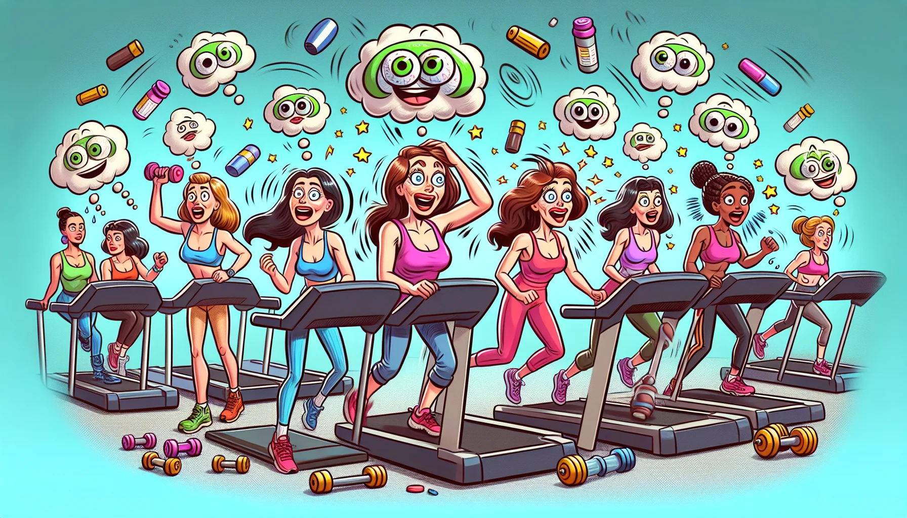 Create a humorous and realistic illustration that conceptually expresses the side effects of Adderall in women regarding fitness. Picture a gym atmosphere with fitness equipment - treadmills, dumbbells, yoga mats. Also, envision women of various ages with various descents such as Hispanic, Caucasian, Middle-Eastern, and South-Asian. Each one of them is engaging in different fitness activities, each with an exaggerated expression highlighting Adderall's side-effects in a comical manner. There is a humorous cartoonish aura hovering over the scene - a nimbus of tossed-about feathers, cartoon stars, or spiraling eyes; something to inject light humour to an otherwise serious topic.