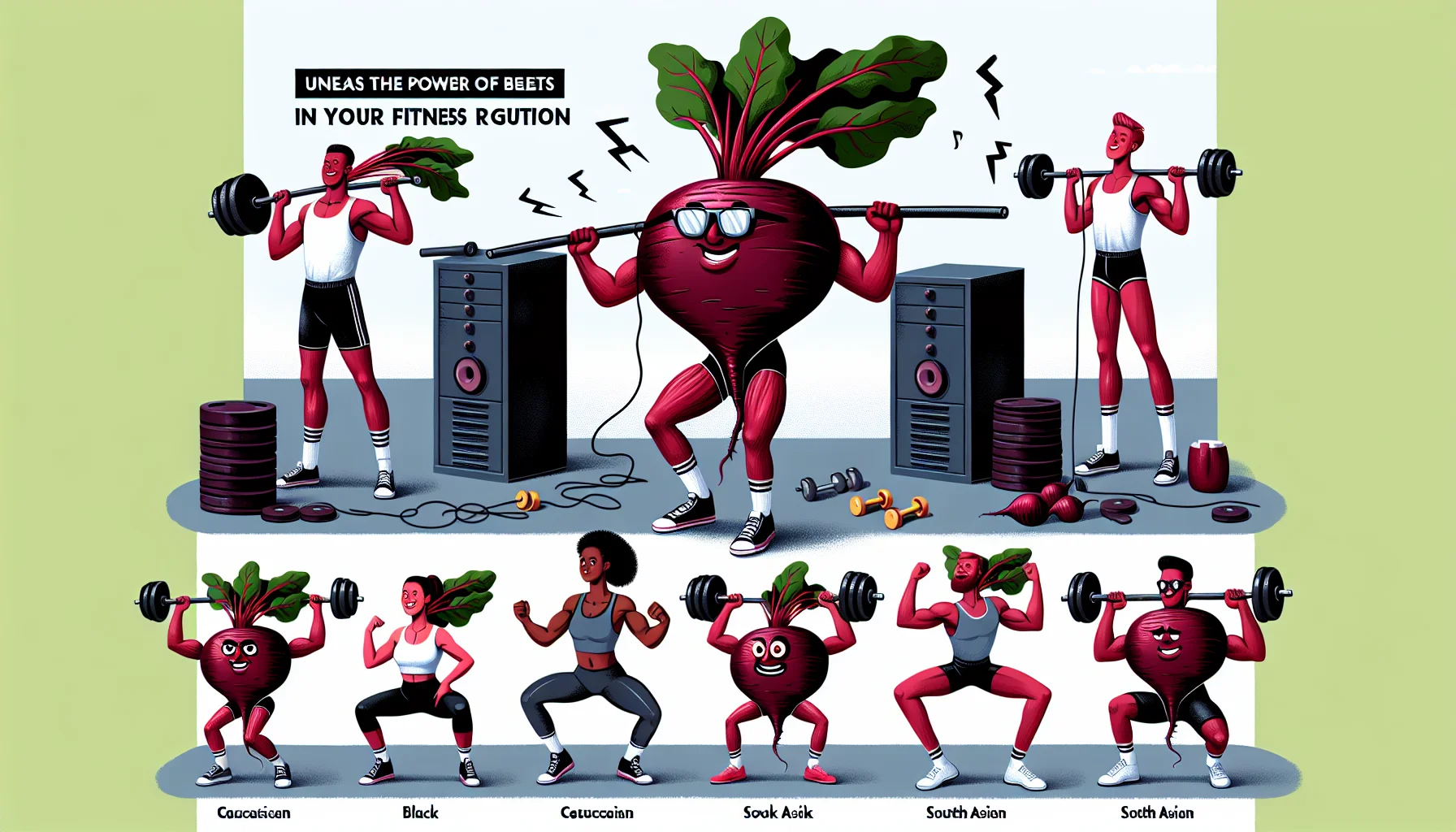 Create a visually enticing image showcasing the humor and power of red beets in a fitness context. Illustrate a caricatured long beetroots, hilariously dressed in workout gear, demonstrating various exercises such as lifting weights or doing squats. Incorporate a setting of a gym with various fitness equipments to indicate a fitness routine. Show different people of multiple descents, Caucasian, Black, South Asian, inspired and joining in with their own beets. Add a banner somewhere in the image with the text 'Unleash the Power of Beets in Your Fitness Regimen'.
