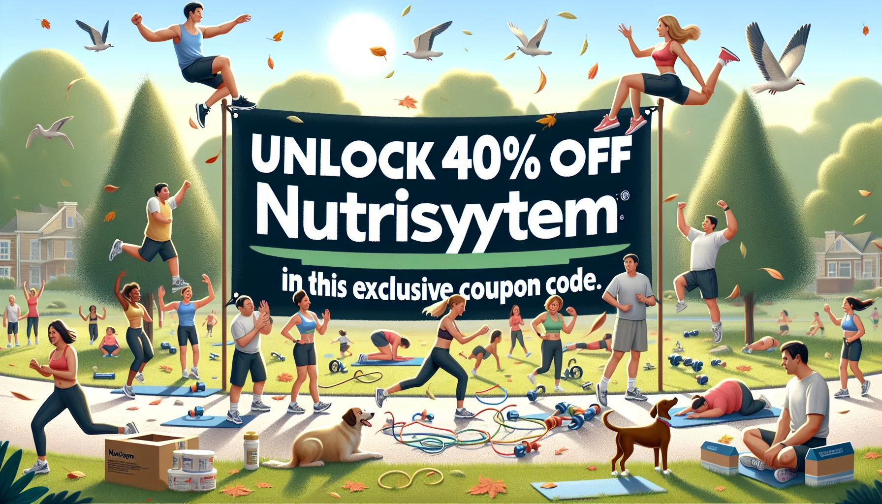 Create a lively, humorous image showcasing a promotional banner that reads 'Unlock 40% Off Nutrisystem with This Exclusive Coupon Code'. The banner is set in a local park, filled with people of various descents and gender, happily engaged in various forms of exercise. Some people are jogging, some are doing yoga, while others are doing push-ups or jumping rope. There's also a dog trying to chase its tail. To emphasize the delightful ambiance, paint a beautiful, clear day with a gentle breeze blowing through the trees and leaves scattering playfully on the ground.