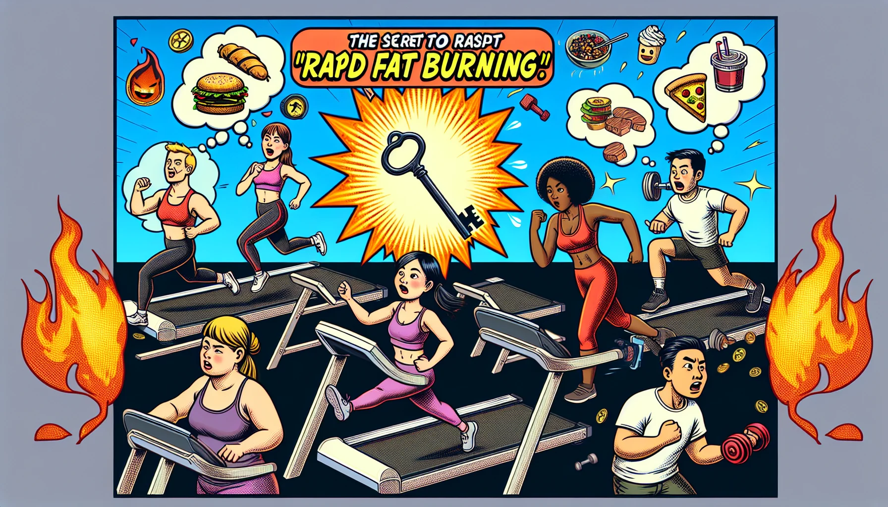 Create an amusing and realistic image demonstrating the 'secret to rapid fat burning'. There is a plethora of fitness equipment scattered around. A diverse group of fitness enthusiasts are present: a Caucasian woman on the treadmill, a Hispanic man lifting weights, an Asian woman doing yoga, and a Black man on the stationary bike. Each of them display expressions of determination and surprise as an illuminating, cartoon-ish key hovers above them, symbolizing the 'secret' to their goals. Surrounding them are comic-style thought bubbles with miniature humorous depictions of junk food sweating it out like they are.