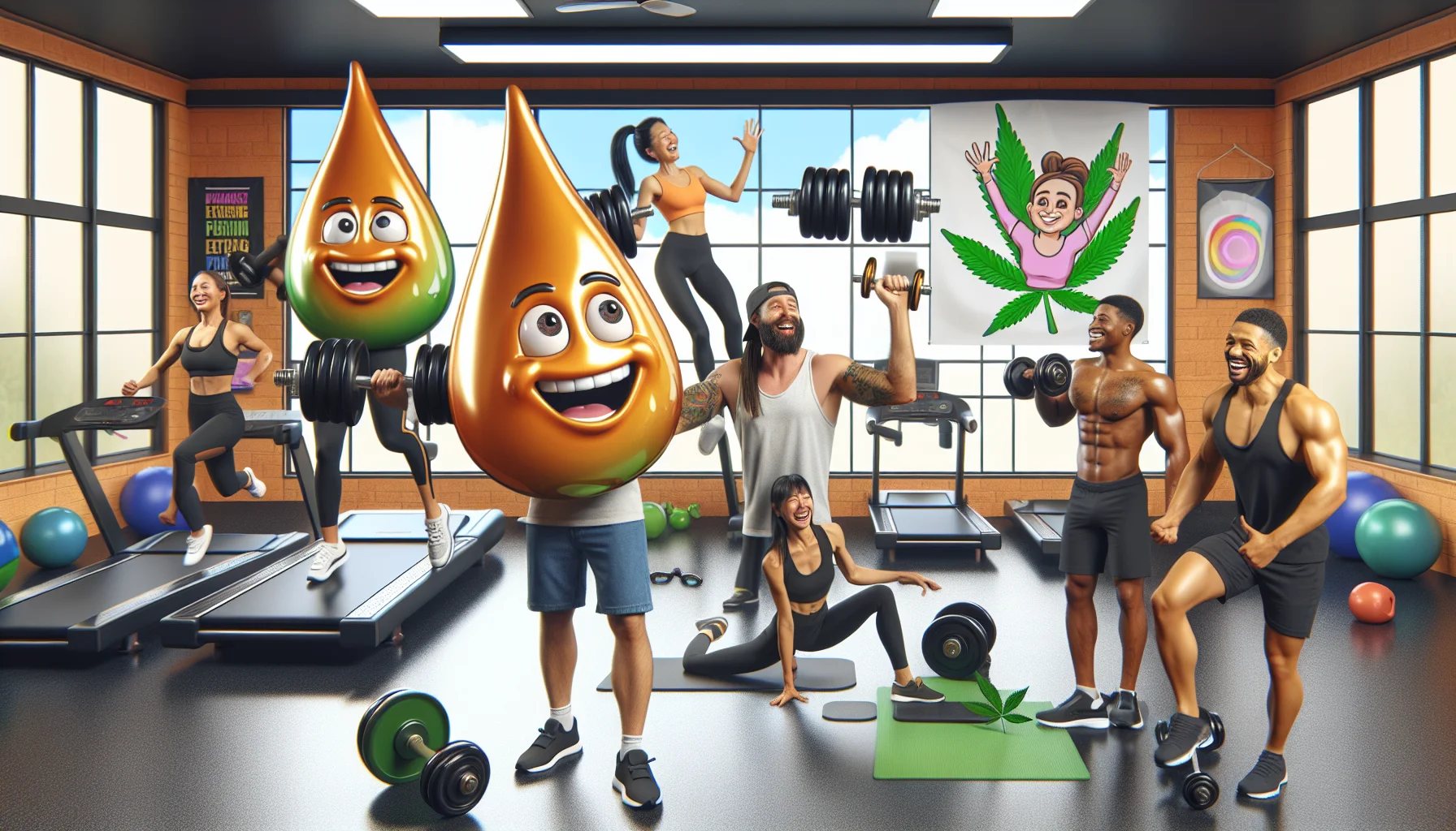 Imagine a humorous and engaging scene promoting the benefits of CBD oil in a fitness regime. Picture a vibrant gym setting with various individuals exercising. On the left is a Caucasian man lifting weights with much ease, a bemused expression on his face. Beside him, an Asian woman is laughing while doing yoga, showing exceptional flexibility. To the right, a Black male trainer is encouraging a Middle-Eastern woman on a treadmill, both of them smiling broadly. Oversized droplets of CBD oil are animatedly jumping around the room, joining people in exercises, acting like they're boosting people's performance and enjoyment. Fitness equipment and motivational fitness posters adorn the walls.
