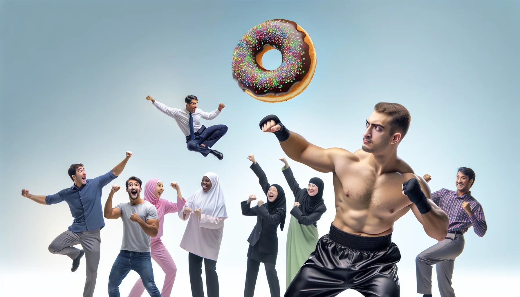 Create a realistic image showcasing a muscular individual known for their proficiency in kickboxing in a humorous scenario where they are encouraging people to exercise. This male individual has short hair and is striking a kickboxing pose, pretending to punch a flying donut, making it a comedic juxtaposition. People around are laughing and joining in, showing diverse ethnic backgrounds and genders. Each person is attempting different exercise moves in a fun way, inspired by the kickboxing star's energetic and amusing approach to fitness.