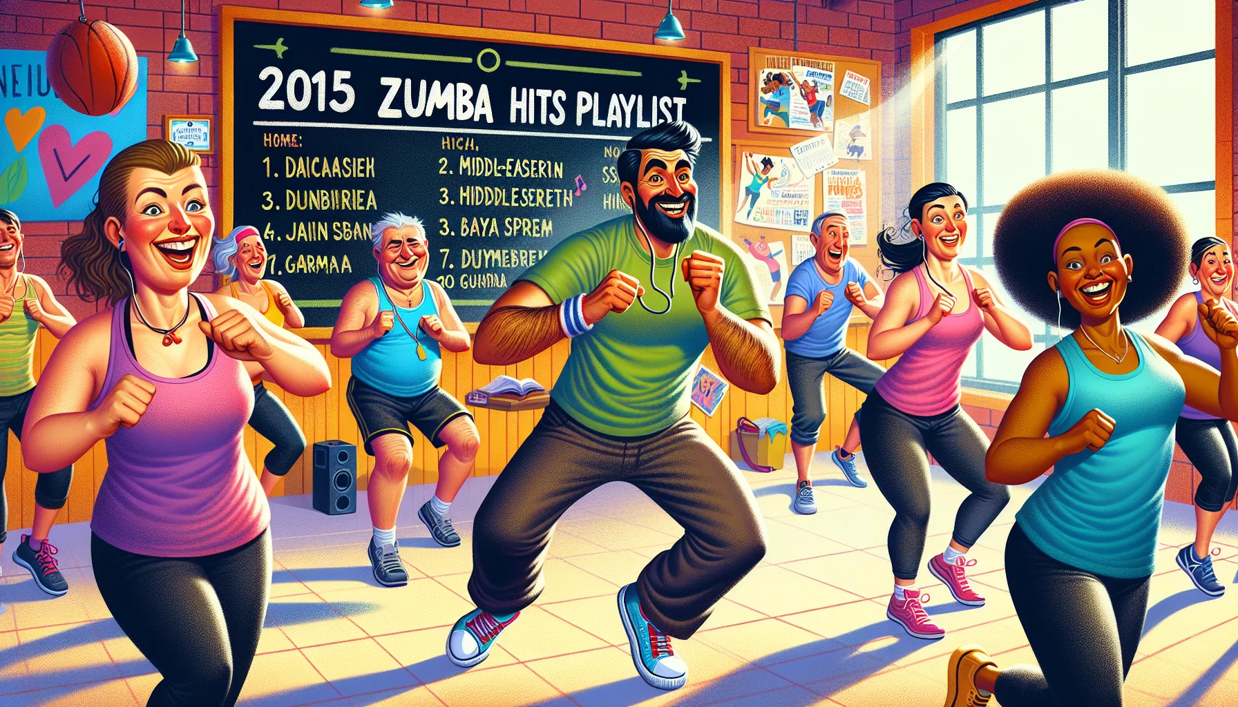 Visualize a humorous scene set in a Zumba dance studio. There's a chalkboard displaying '2015 Zumba Hits PlayList' with some popular dance tracks listed below. Participants with various body types and fitness levels are attempting to follow the steps and rhythms of the Zumba instructor. A Caucasian woman is laughing while trying to catch her breath. A Middle-Eastern man is fumbling but smiling, determined to match the pace. A Hispanic man is executing the steps effortlessly, exuding enthusiasm. The room is brightly lit, and you can feel the energy and fun atmosphere.