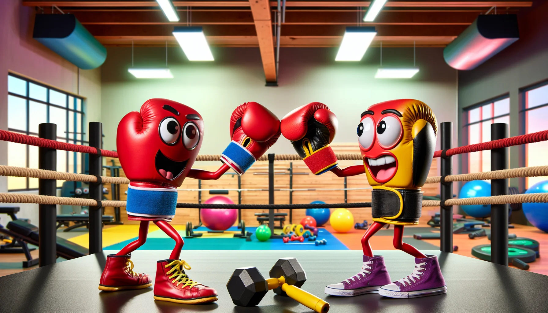 Generate an amusing and realistic image depicting a pair of kickboxing gloves and boxing gloves engaging in a friendly tug of war, standing on their wrist sections, with determined, comic expressions on their padding areas. The kickboxing gloves are brightly colored while the boxing gloves are in traditional red. They are on a background of a vibrant gym, with various fitness equipment scattered around: weights, skipping ropes, and exercise benches. Adding a fun tagline in the image saying, 'Exercise can be fun too!' to encourage viewers to maintain a healthy lifestyle.