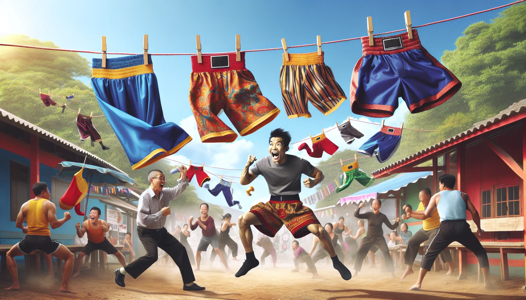 Create a high-resolution, hilarious scenario that encourages exercise. Visualize a pair of kickboxing shorts, vividly colored and boldly patterned, hanging on a clothesline. Suddenly, a strong wind swoops them up and they flutter into a busy outdoor gymnasium nearby. An unsuspecting Asian male gym-goer, in the middle of his workout routine, sees them coming towards him and leaps to catch them off the air, causing a commotion and lots of laughter around. His surprise and the amusement of others underline the fun that can be found in daily activities and even in the pursuit of fitness.
