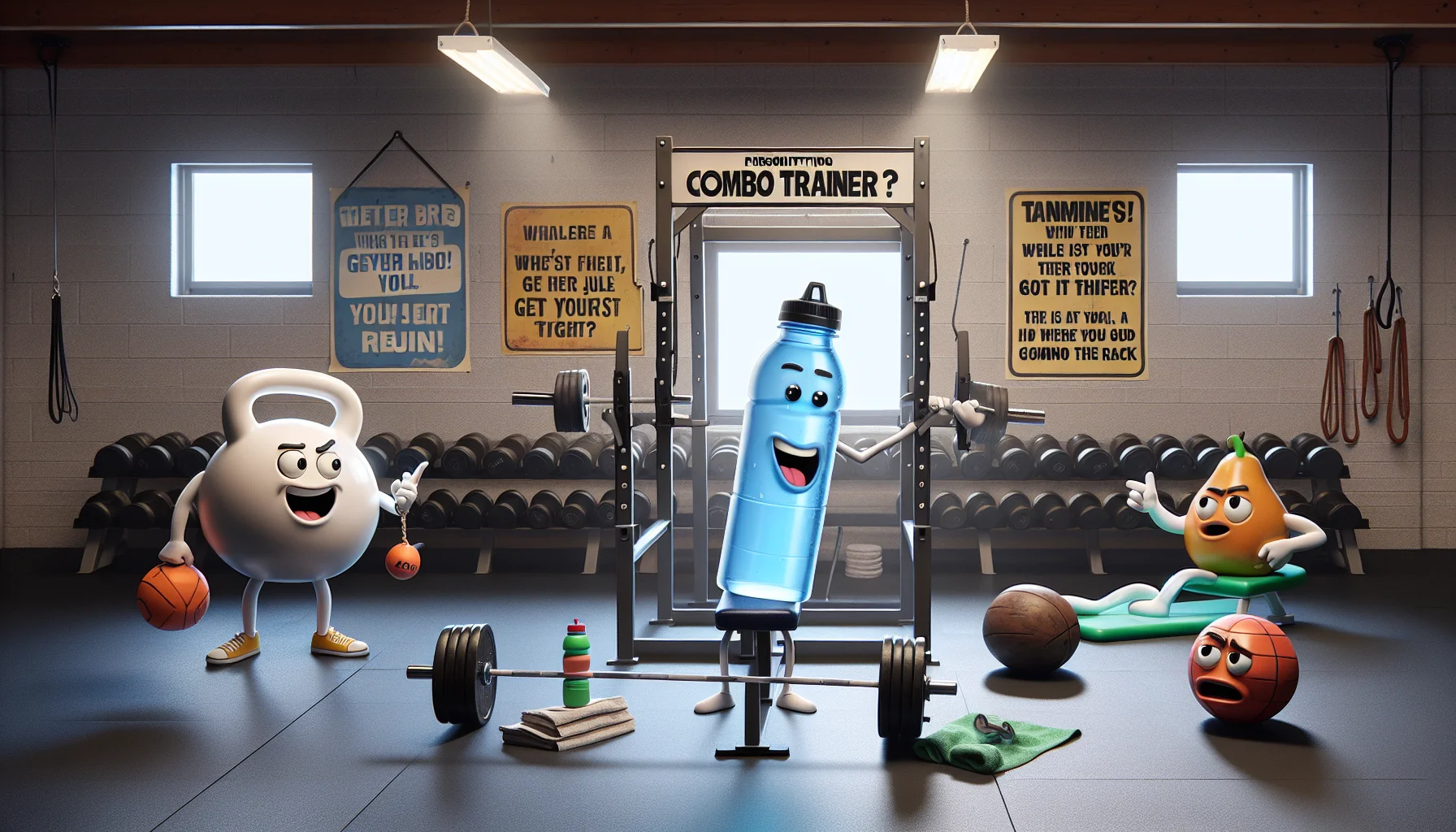 Imagine a humorous scenario taking place at a gym. Centered in the room is a powerlifting combo rack, gleaming under the fluorescent lights. On one side you see an anthropomorphized kettlebell wearing a personal trainer's whistle encouraging a terrified barbell to get onto the rack. On the other side, an animated water bottle, with sunglasses on, is lazily lounging, tanning under the gym lights, pointing towards the combo rack with a smirk. The backdrop of the room is filled with motivational posters with funny catchphrases enticing everyone to exercise.