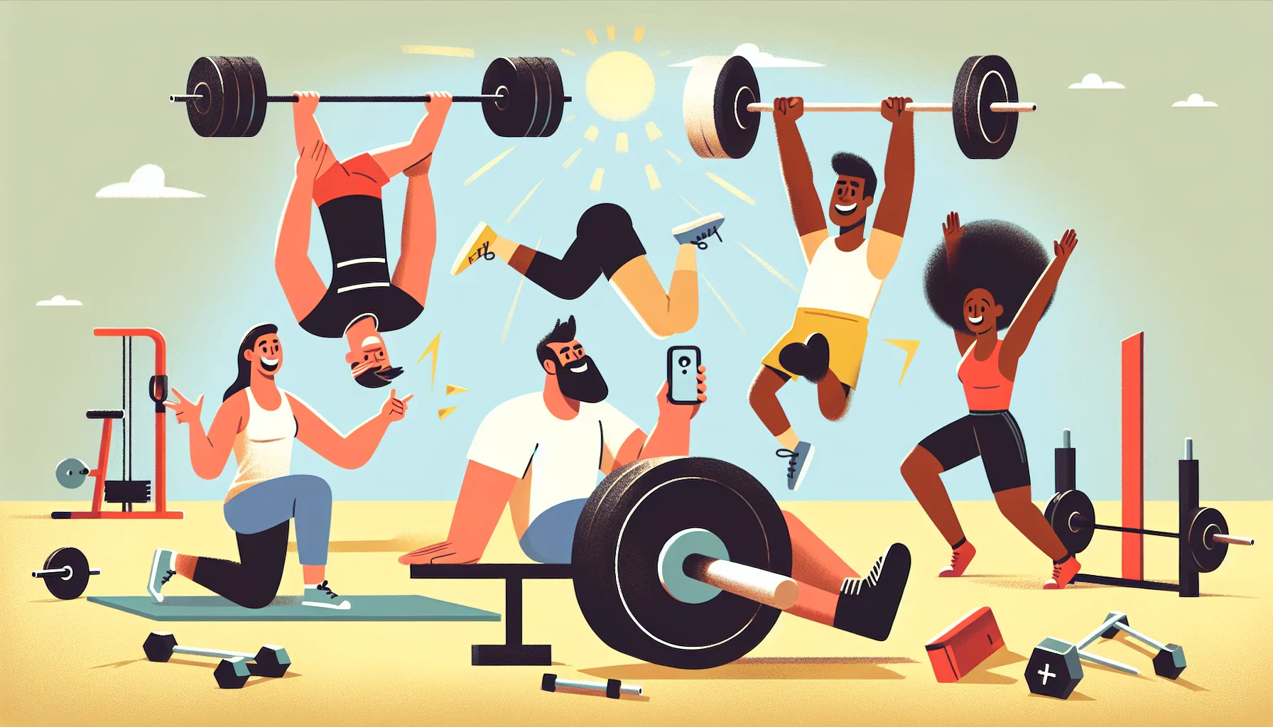 Depict a humorous scene set in a gym where a variety of individuals are participating in calisthenics and weightlifting exercises. Would you please include a Caucasian woman doing a handstand push-up with a surprised expression, a Hispanic man attempting to lift a barbell that’s slightly too heavy, and a Black woman taking a selfie while plank. Make each character transmitting enthusiasm and joy, and inject a sense of fun in the image to make it appealing and enticing for those considering starting a fitness journey.