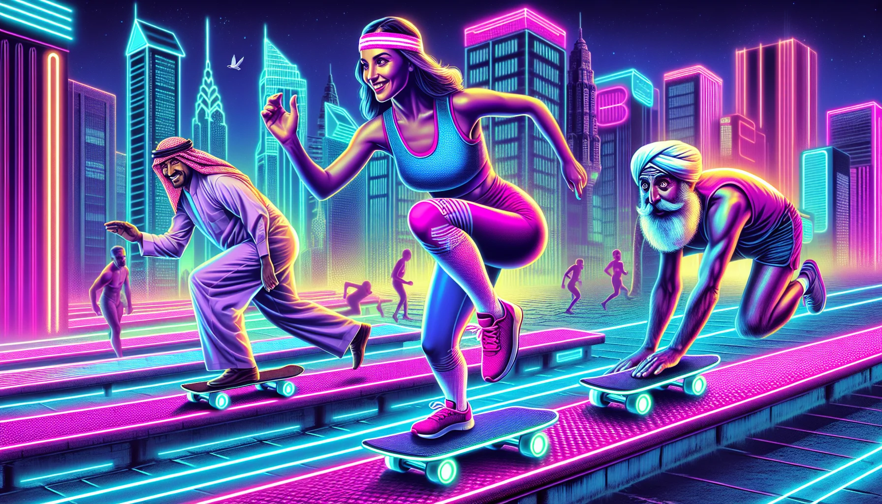 Create a delightful and humorous image displaying a parkour scene set in the outrun aesthetics of neon lights and retro-futuristic elements. You can show a Caucasian female athlete deftly hopping over a high-tech, luminescent bench in a city park. Meanwhile, a Middle-Eastern man is stumbling over an LED skateboard in the background. Their amusing expressions should convey that, despite unexpected challenges, they are enjoying the process and inviting viewers to embrace exercise in this unique, engaging way. Design the atmosphere radiating with fluorescent pinks, blues, and purples, reflecting the outrun vibrant vibes.